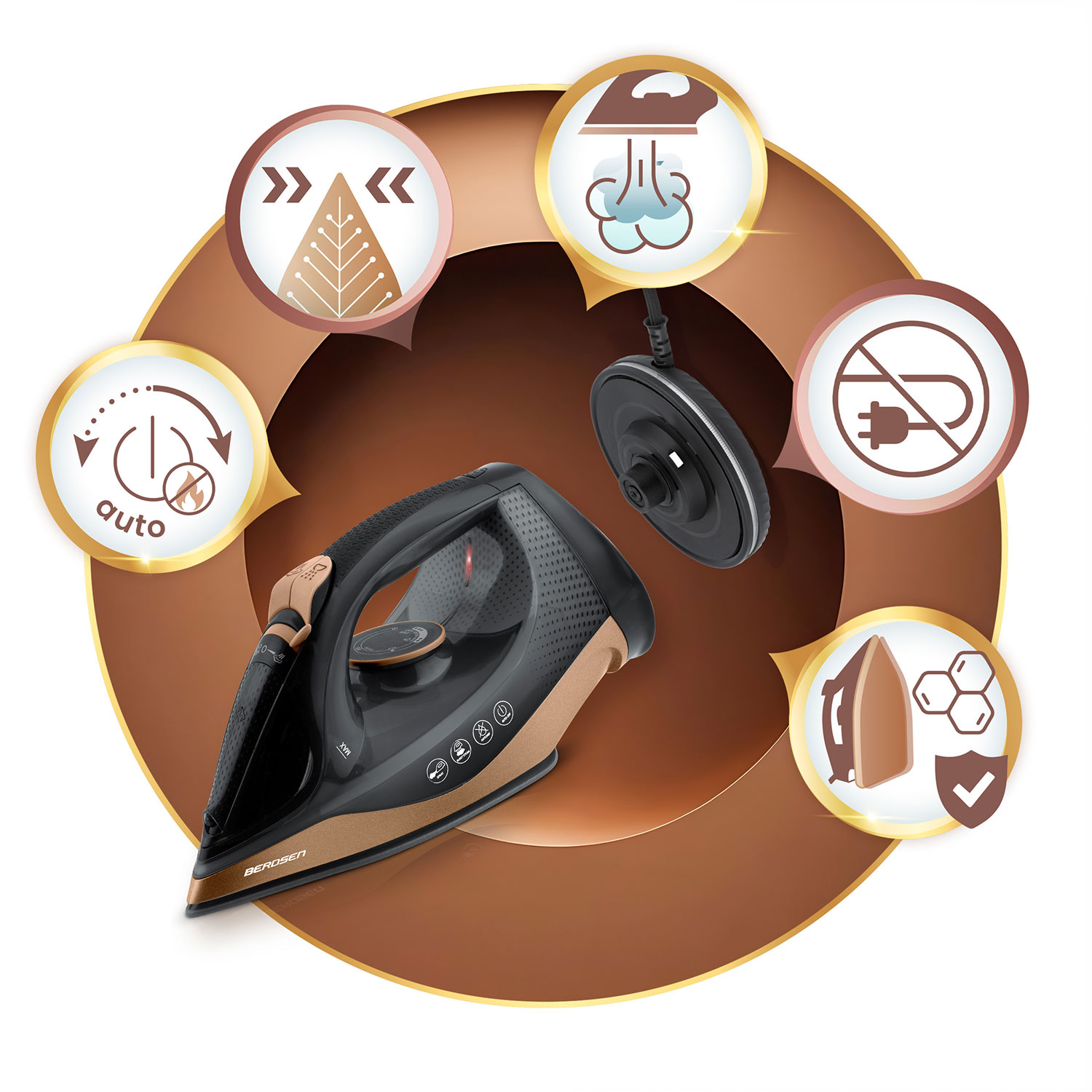 Żelazko w czarno-złotym designie. Okrągłe ikony otaczają je, reprezentując funkcje, takie jak tryb automatyczny, para i bezpieczeństwo.