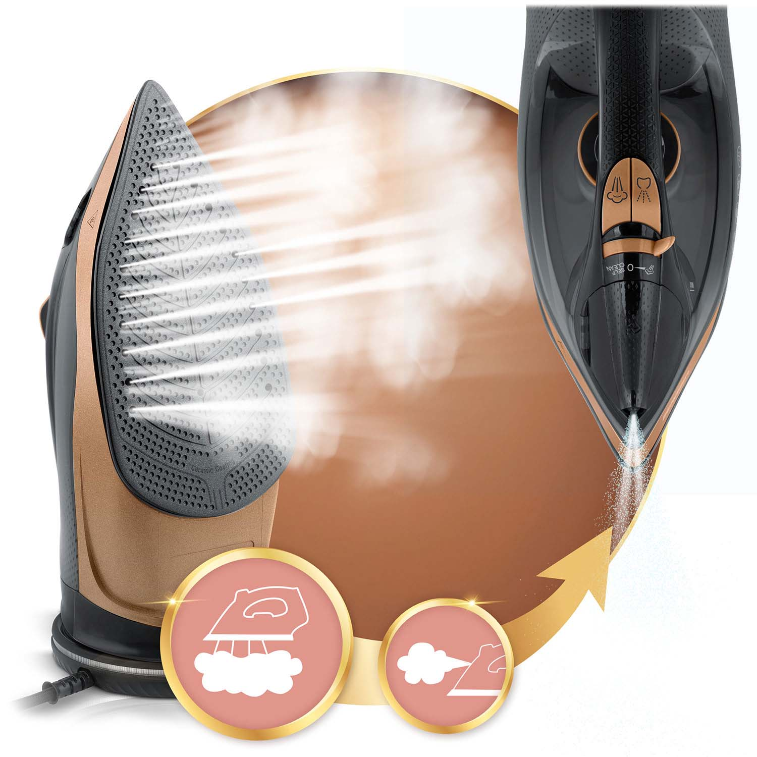 Żelazko uwalniające parę. Żelazko jest czarne i złote. Para wydobywa się z żelazka. Obecne są ikony pary i żelazka.