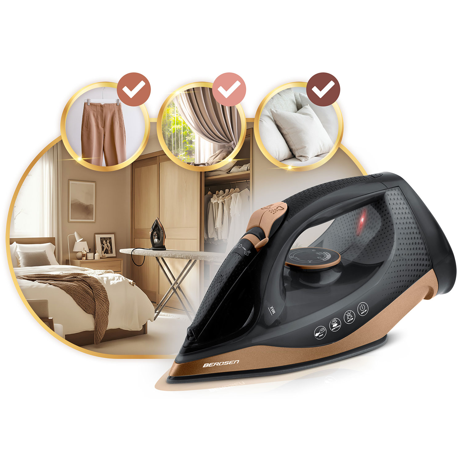 Czarne i złote żelazko w centrum, z tłem ubrań, zasłon, poduszek i sypialni.