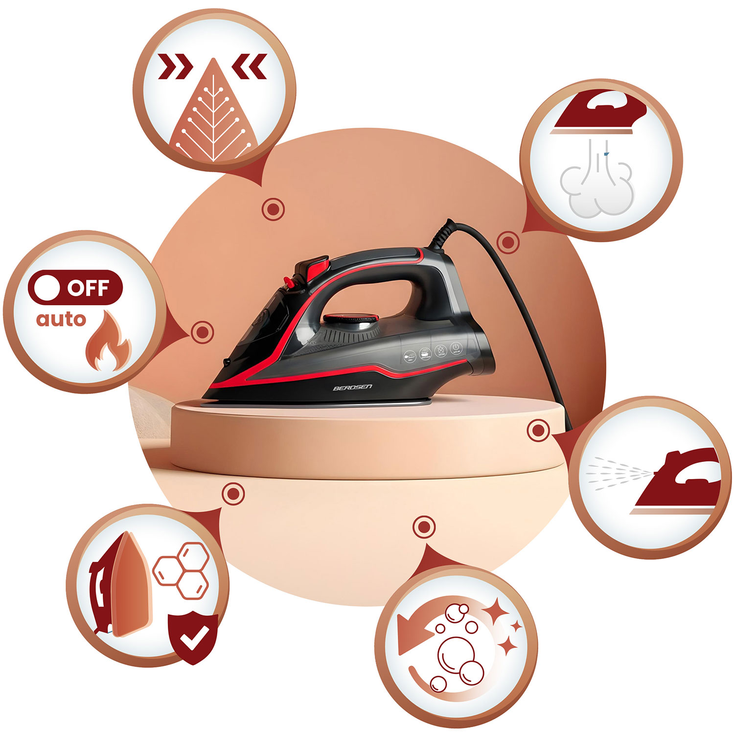 Czarno-czerwone żelazko na beżowej platformie. Ikony pokazują funkcje: para, automatyczne wyłączanie i czyszczenie.