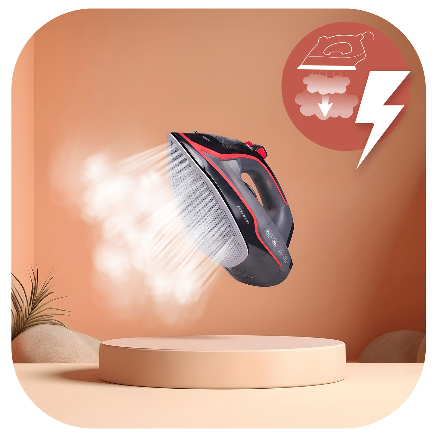 Czarne i czerwone żelazko unoszące się nad beżową platformą, emitujące parę. Ikona pokazuje parę i błyskawicę. Brzoskwiniowe tło.