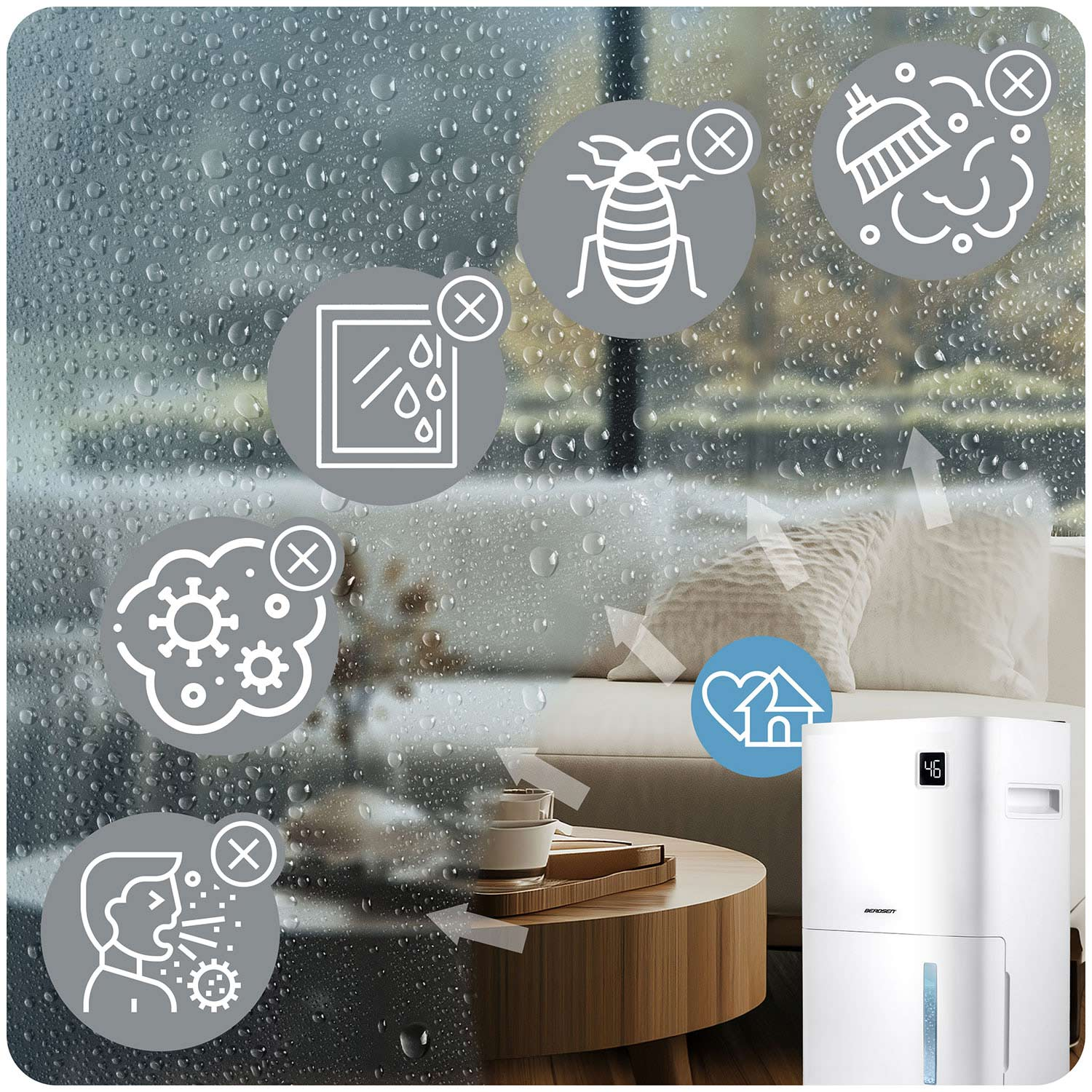Biały osuszacz powietrza z cyfrowym wyświetlaczem. Ikony alergenów są przekreślone. Stół z filiżankami stoi przed oknem z kroplami deszczu.