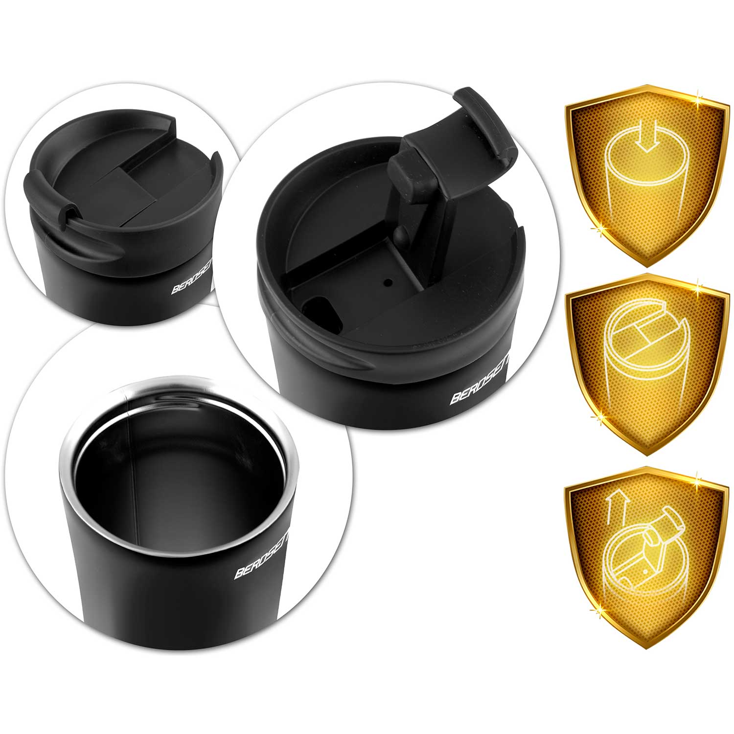 Czarny kubek podróżny z otwartą pokrywką i detalami, trzy złote tarcze z ikonami pokazującymi funkcje. Części kubka pokazane osobno.