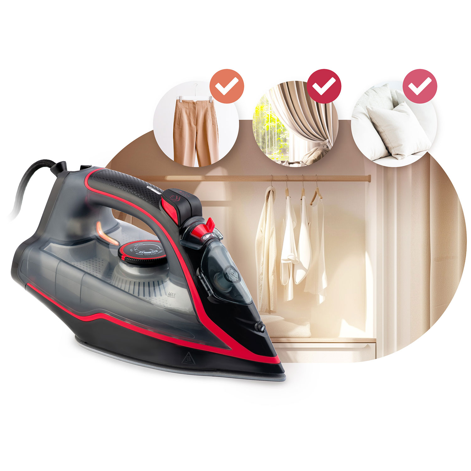 Żelazko z czerwonymi akcentami stoi przed szafą. Wyróżniono elementy odzieży, takie jak spodnie, zasłony i poduszki.