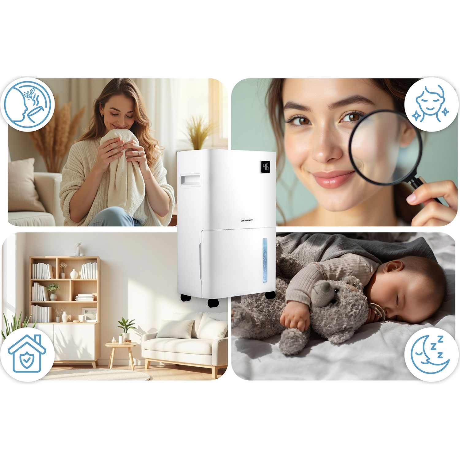 Obraz przedstawia kobietę wąchającą tkaninę, inną patrzącą przez lupę, śpiące dziecko i osuszacz powietrza.