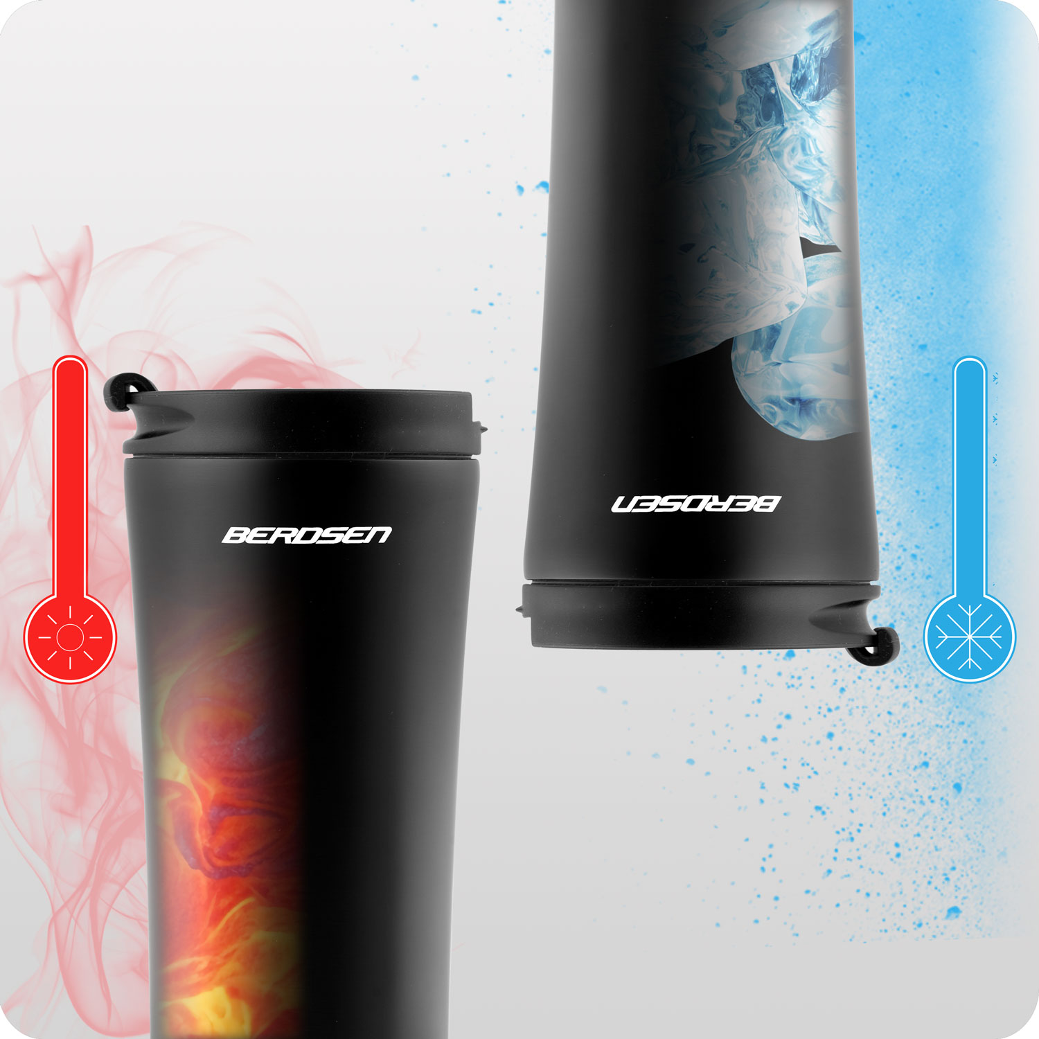 Dwa czarne kubki izolowane z napisem BEROSEN. Jeden pokazuje ciepło z ogniem i czerwoną skalą. Drugi pokazuje zimno z lodem i niebieską skalą.