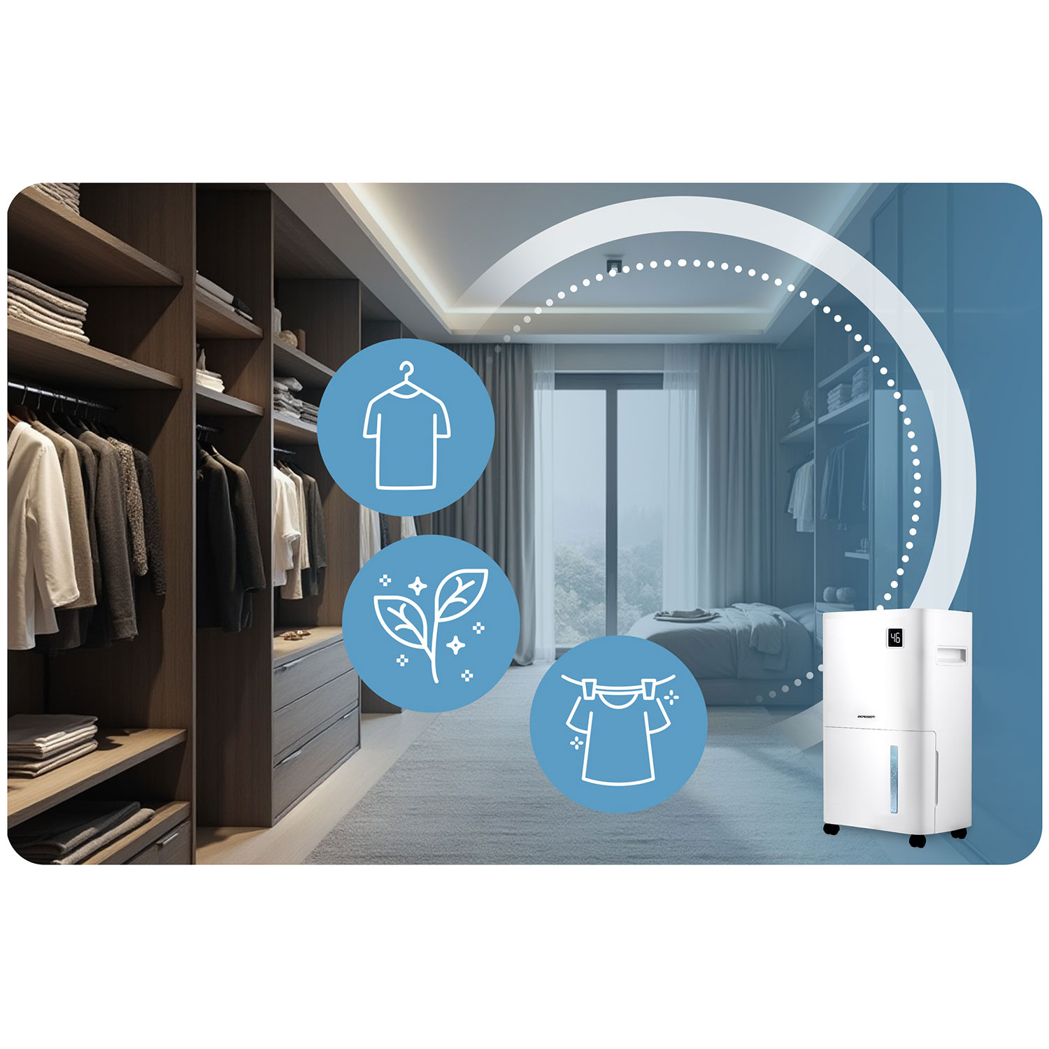 Sypialnia z szafą i osuszaczem powietrza. Ikony pokazują ubrania, liście i wiszące pranie. Biała przerywana linia.