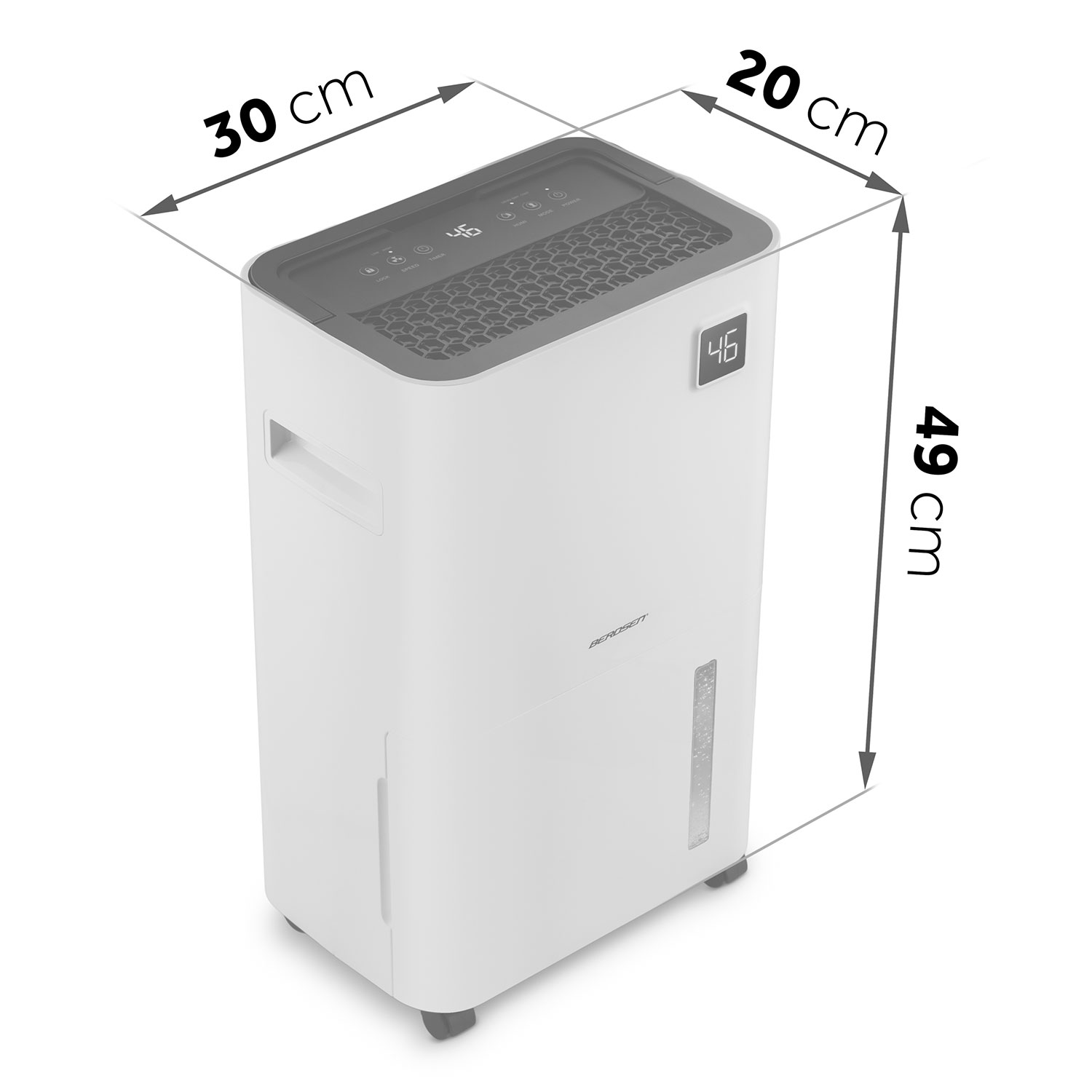 Biały osuszacz powietrza Berdsen z podanymi wymiarami. Posiada wyświetlacz cyfrowy z napisem '46'.  Góra ma szarą kratkę.
