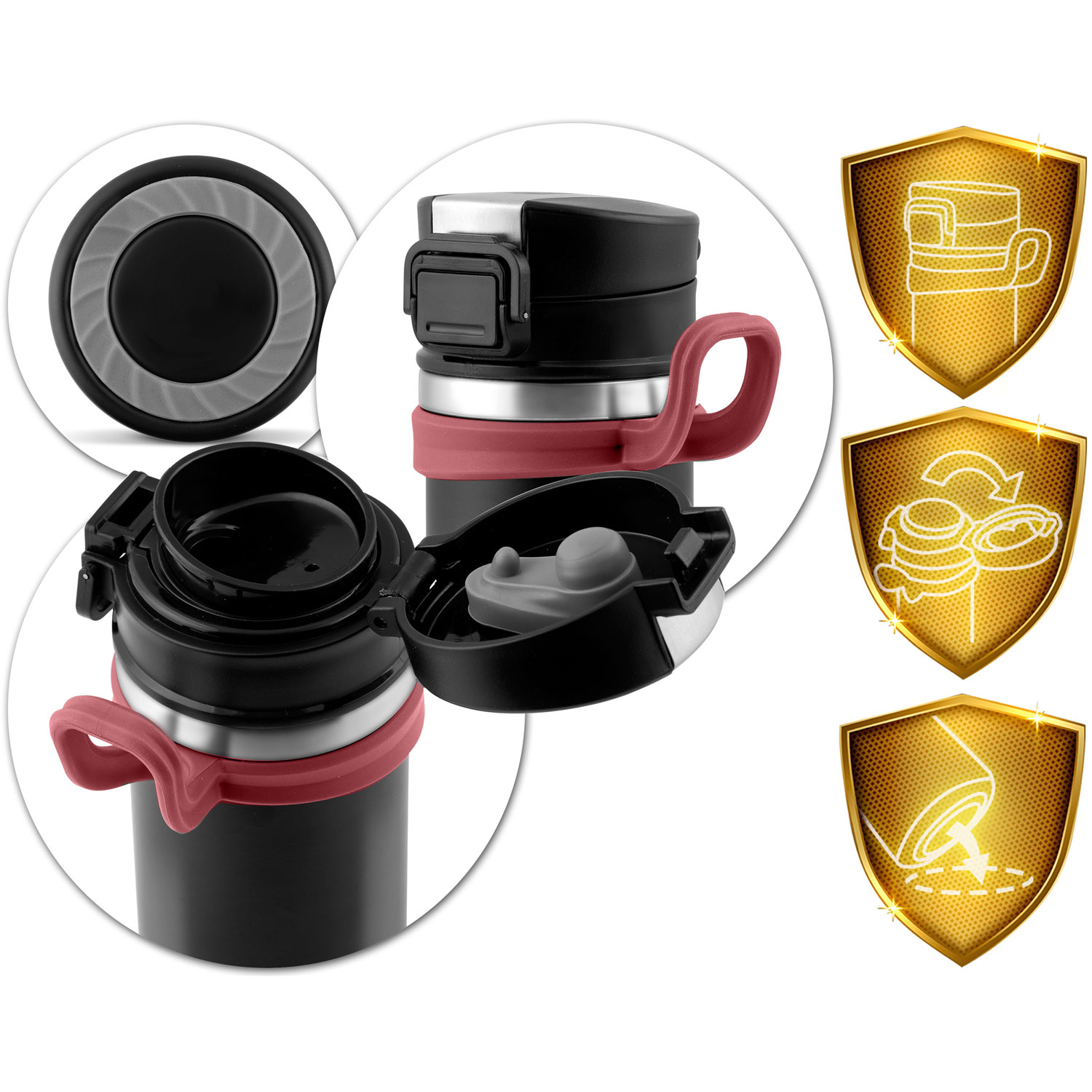 Czarny i srebrny kubek podróżny z czerwonym uchwytem i pokrywką, a także zdjęcia detali części. Obecne są również trzy złote ikony tarczy.