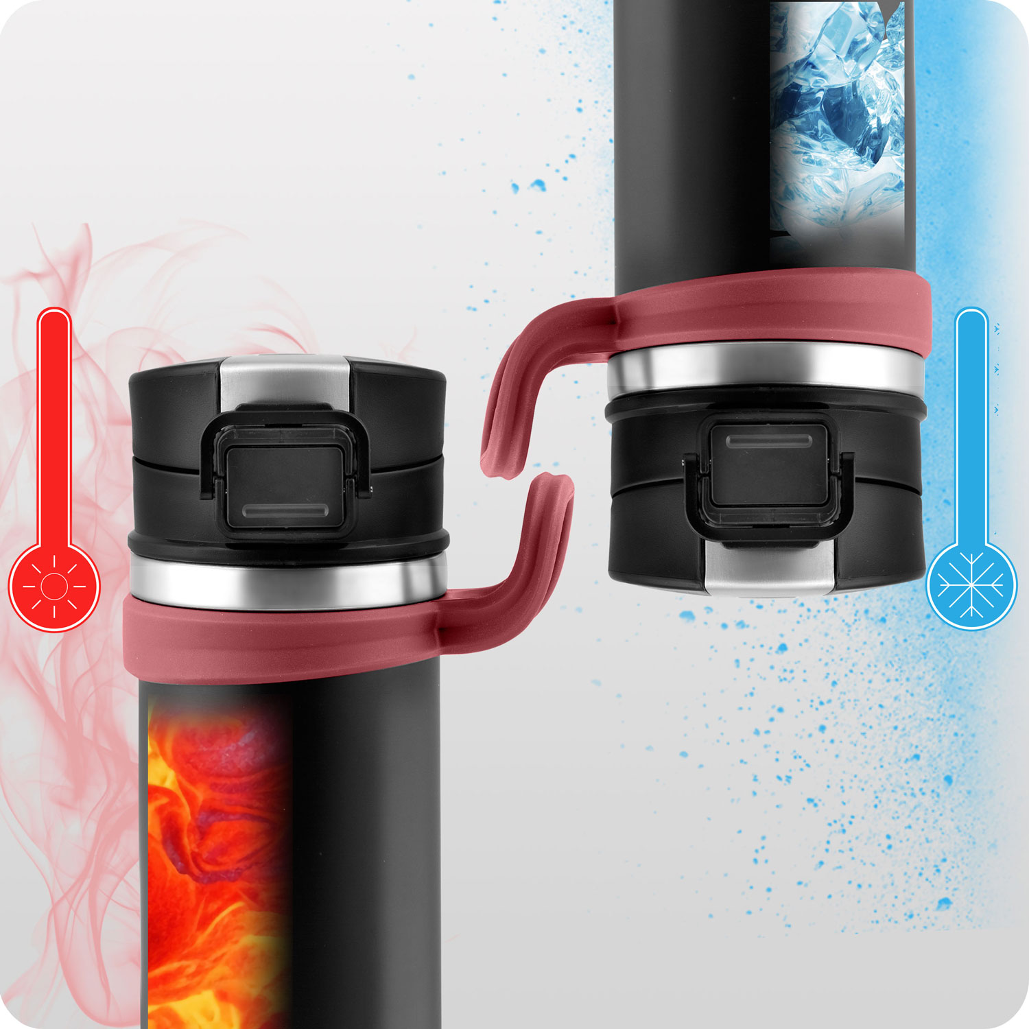 Dwie czarne butelki izolowane z czerwonymi uchwytami. Jedna pokazuje ciepło, druga zimno. Obie mają otwarte pokrywki.