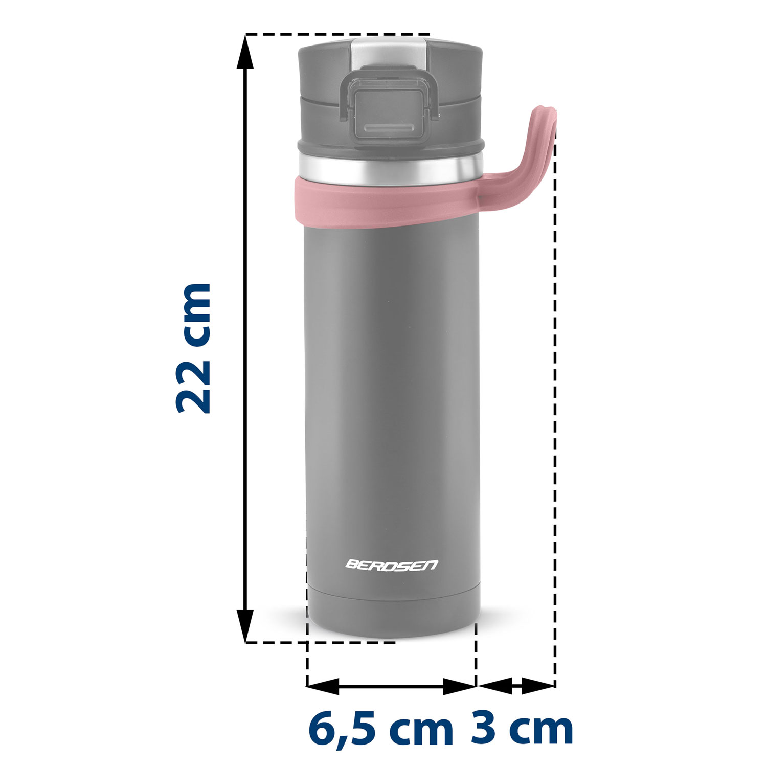 Szary termos z różowym uchwytem i opaską. Ma 22 cm wysokości i 6,5 cm szerokości. Marka jest widoczna.
