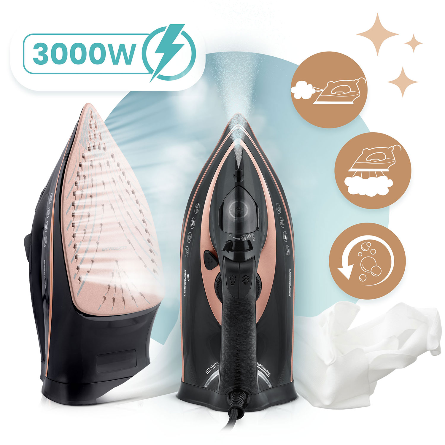 Dwa żelazka, jedno z parą, różowe złoto i czarne. Ikony trybów prasowania i 3000W mocy. Biała tkanina z boku.