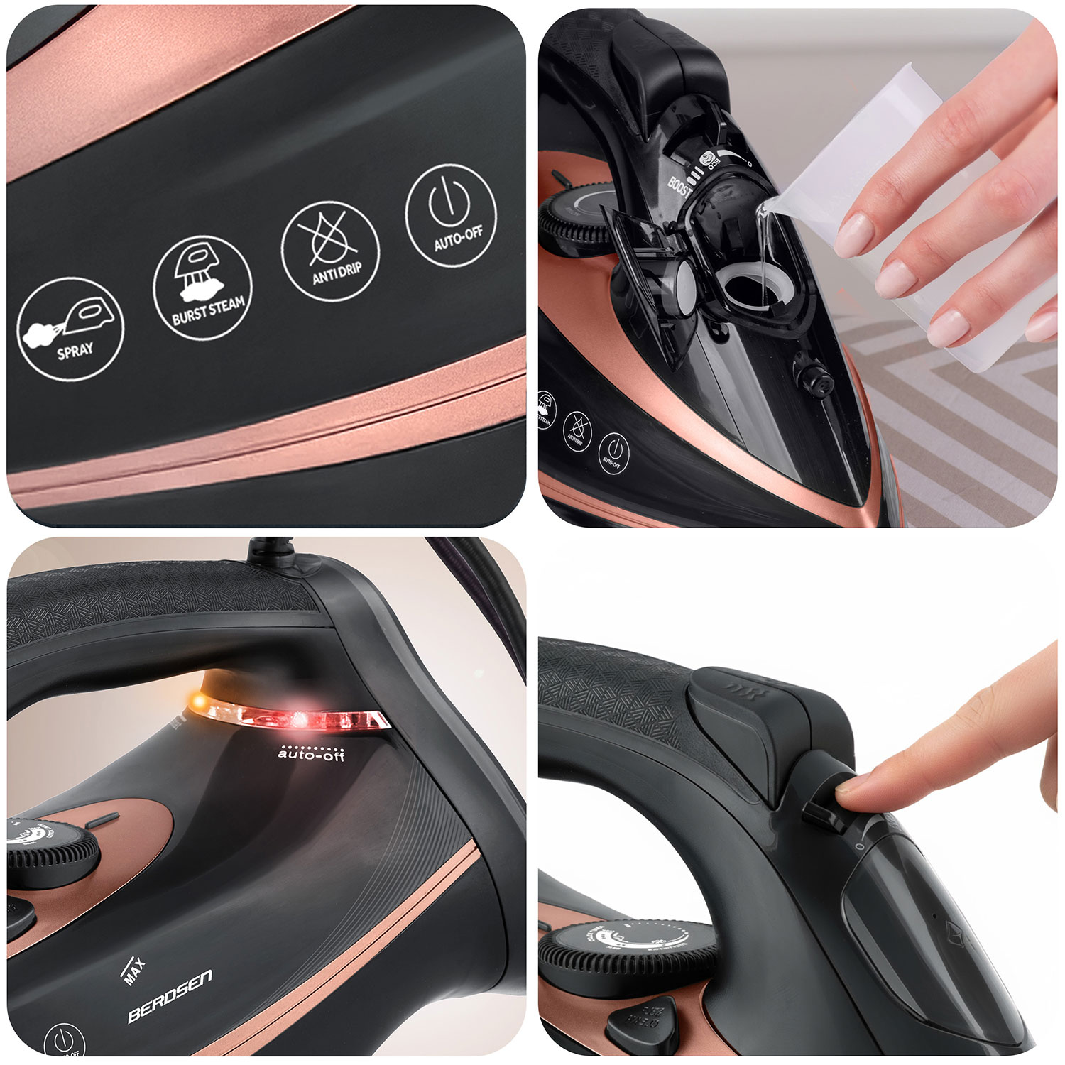 Zbliżenia czarnego i różowego złota żelazka, pokazujące funkcje takie jak natrysk, wyrzut pary, automatyczne wyłączanie i ręka wlewa wodę.