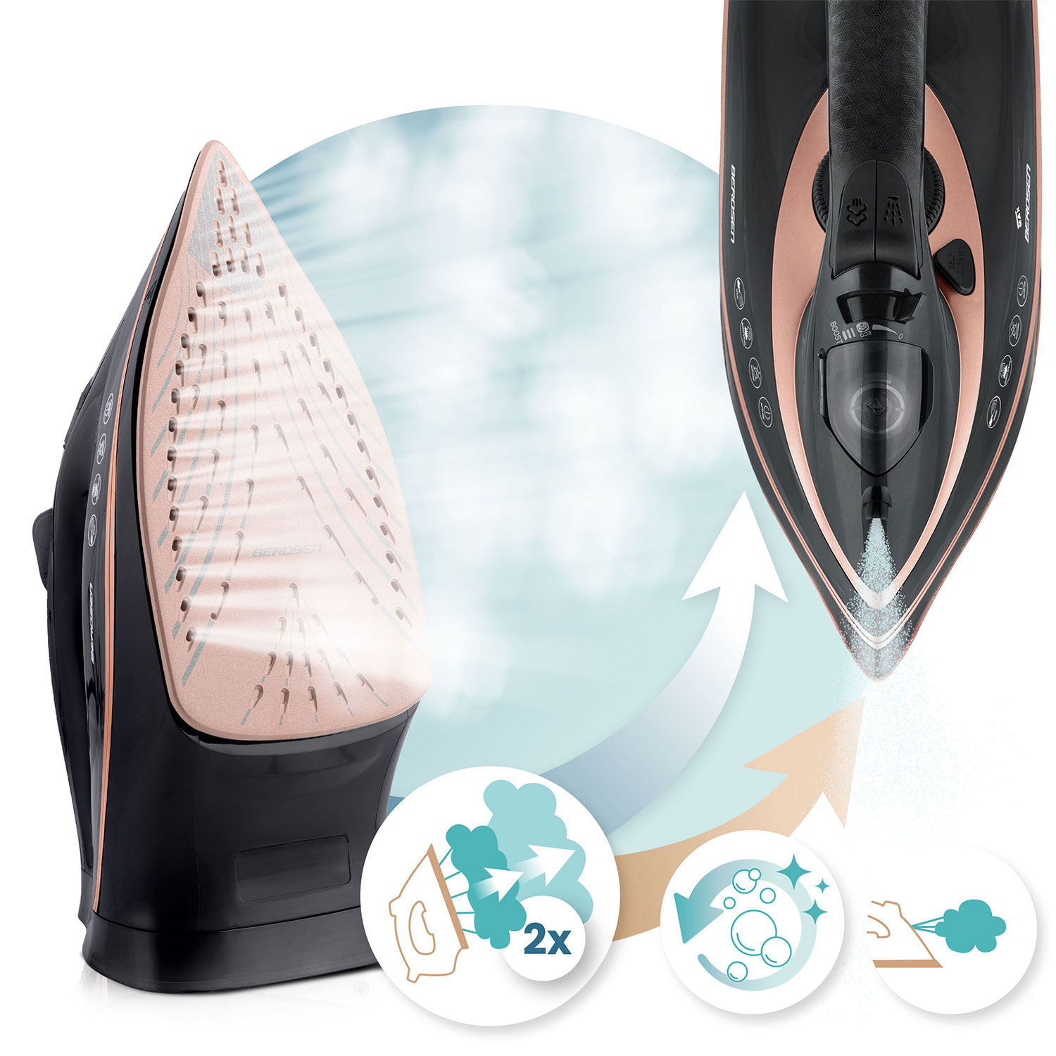 Żelazko w dwóch widokach. Czarne i różowo-złote żelazko, wydobywa się para. Ikony pokazują wyrzut pary, samooczyszczanie i parę.