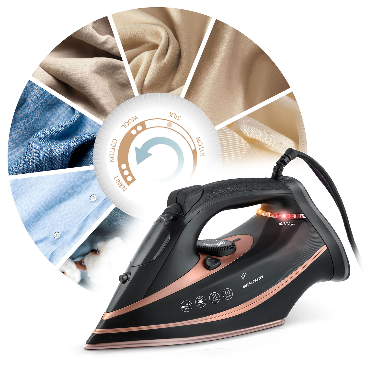 Czarne i miedziane żelazko z próbkami materiałów wokół. Żelazko na białym tle, demonstrujące różne rodzaje tkanin.