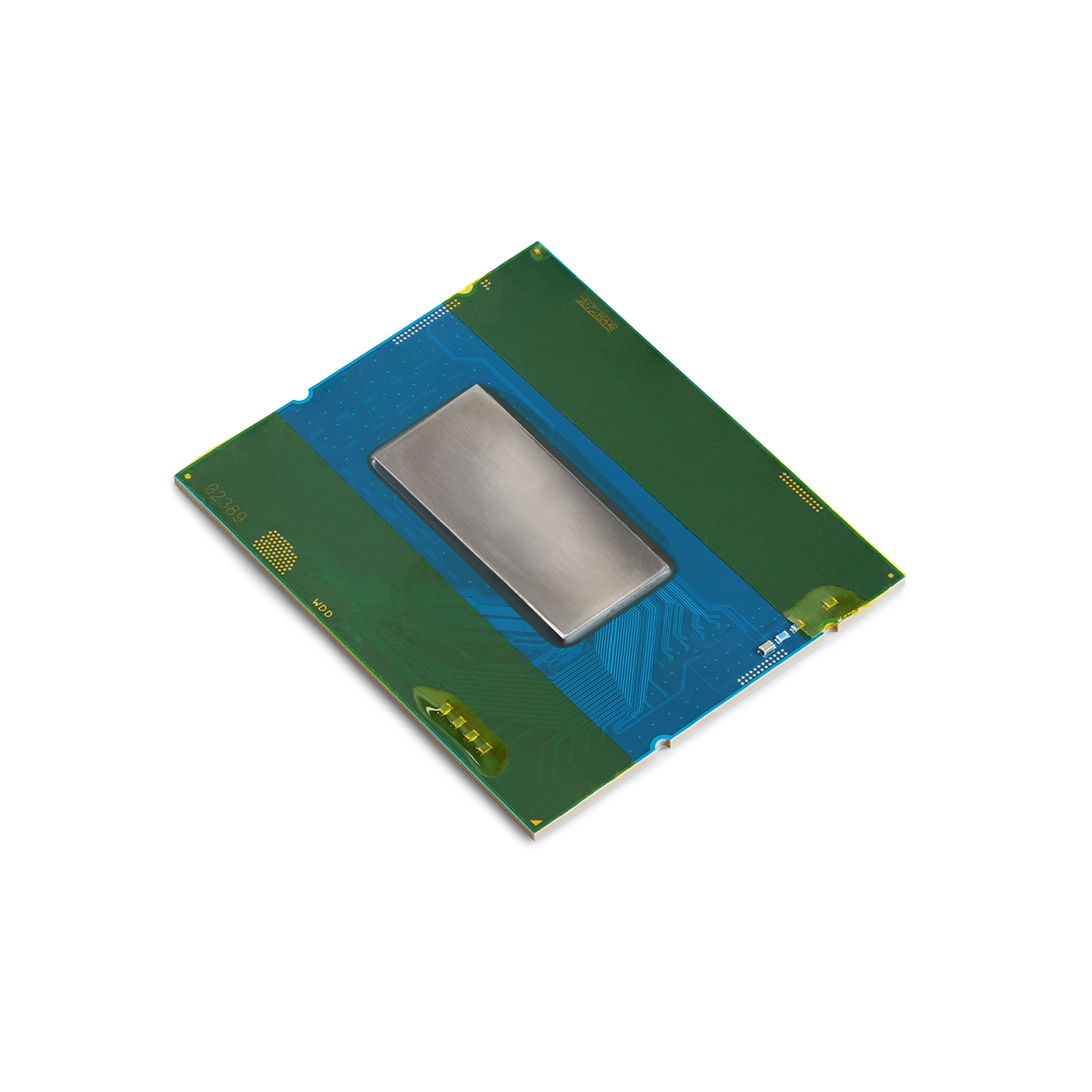 Ein Computerprozessor. Es hat eine grüne und blaue Leiterplatte mit einem metallischen Rechteck oben, alles auf Weiß.