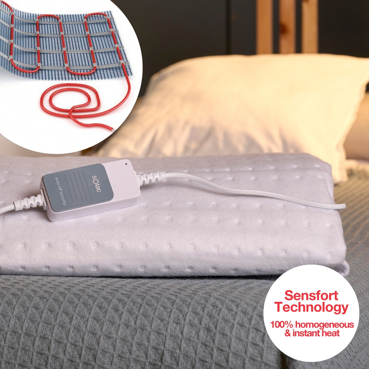 Biały koc grzewczy na łóżku, z bliska elementu grzewczego. Pokazuje również logo Sensfort Technology.
