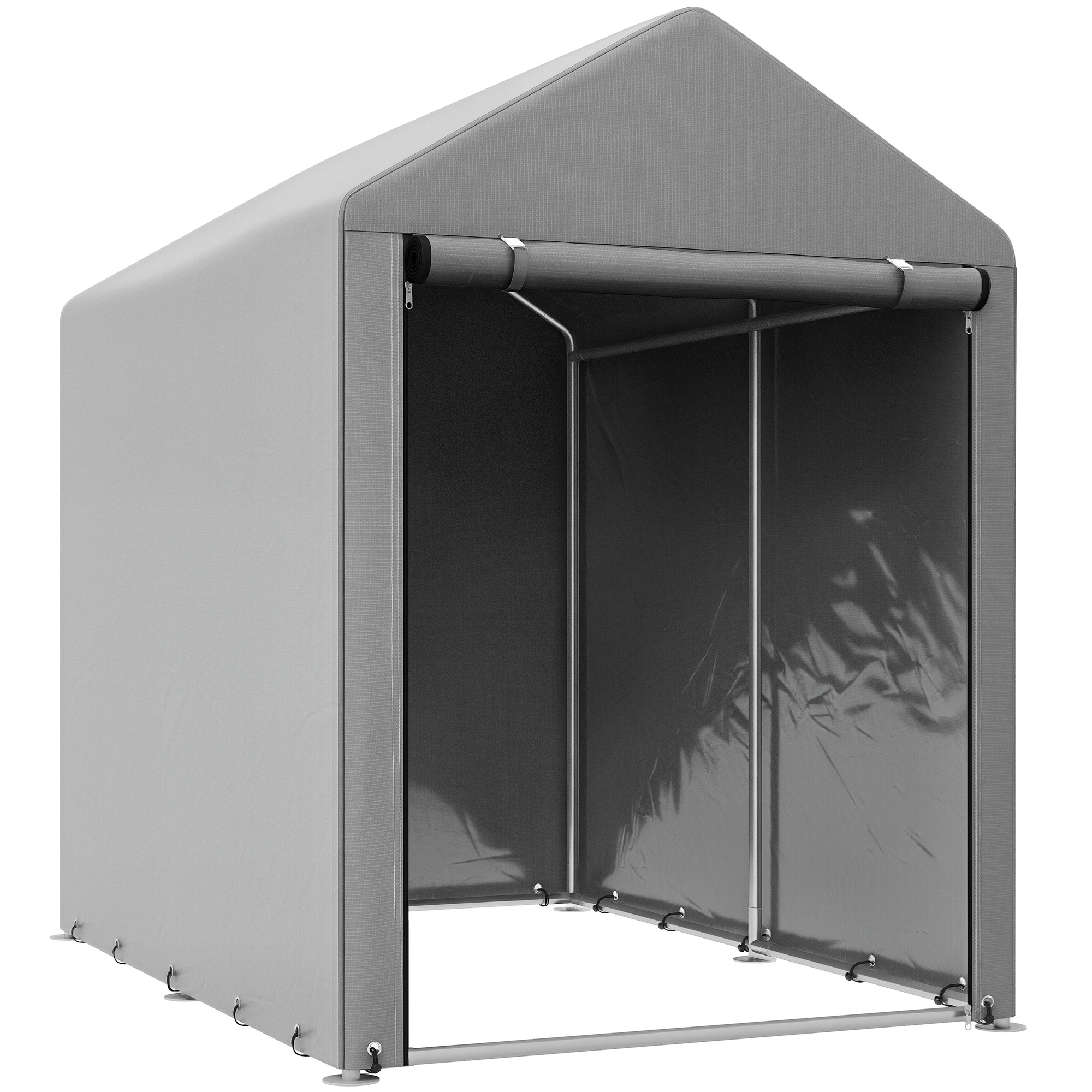 Una struttura grigia rettangolare simile a una tenda con un fronte aperto. Ha un tetto a punta e si trova su uno sfondo bianco.