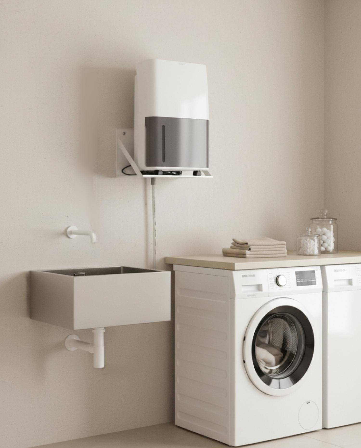 Waschküche mit Waschmaschine, Waschbecken und Spender. Neutrale Töne. Handtücher und Gläser liegen auf der Arbeitsplatte.