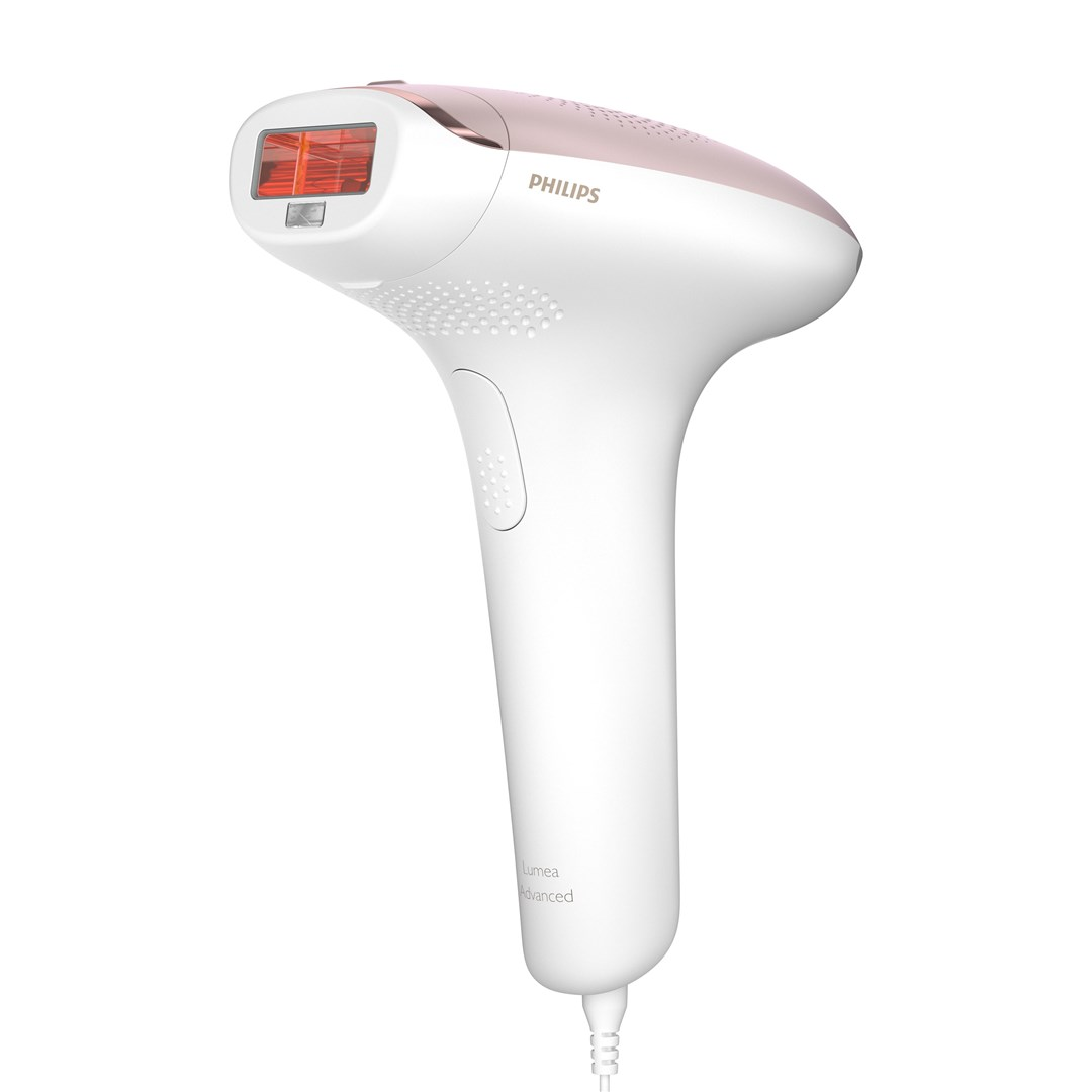 Białe i różowo-złote urządzenie do usuwania włosów Philips Lumea Advanced. Ma zaokrągloną głowicę z czerwonym światłem i białą rączkę.