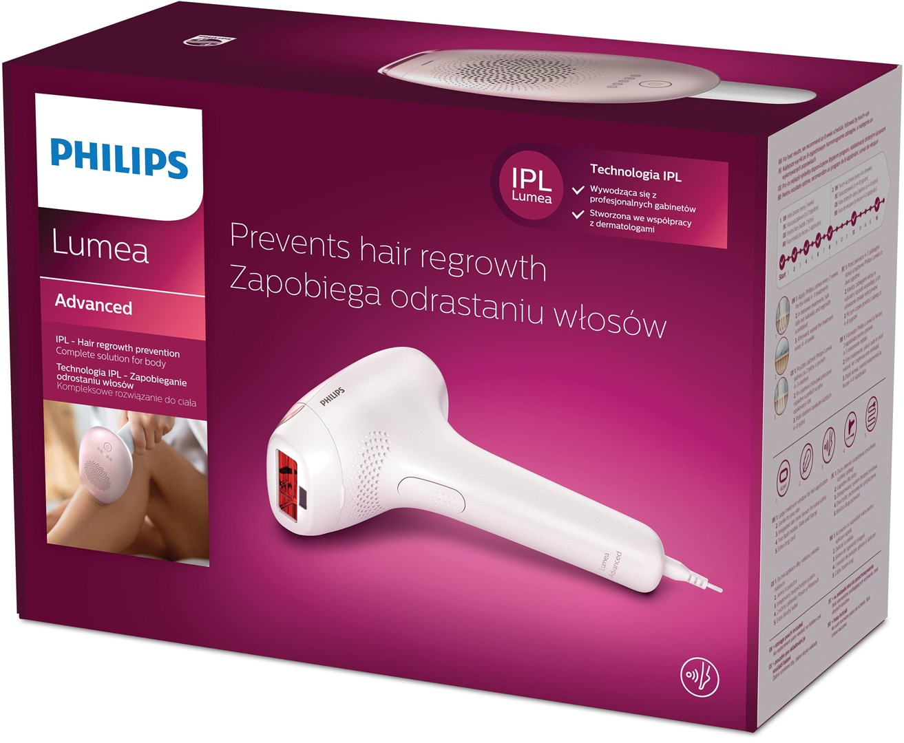 Pudełko Philips Lumea Advanced. Białe urządzenie na pudełku. Tekst: Zapobiega odrastaniu włosów. Logo Philips. Technologia IPL.