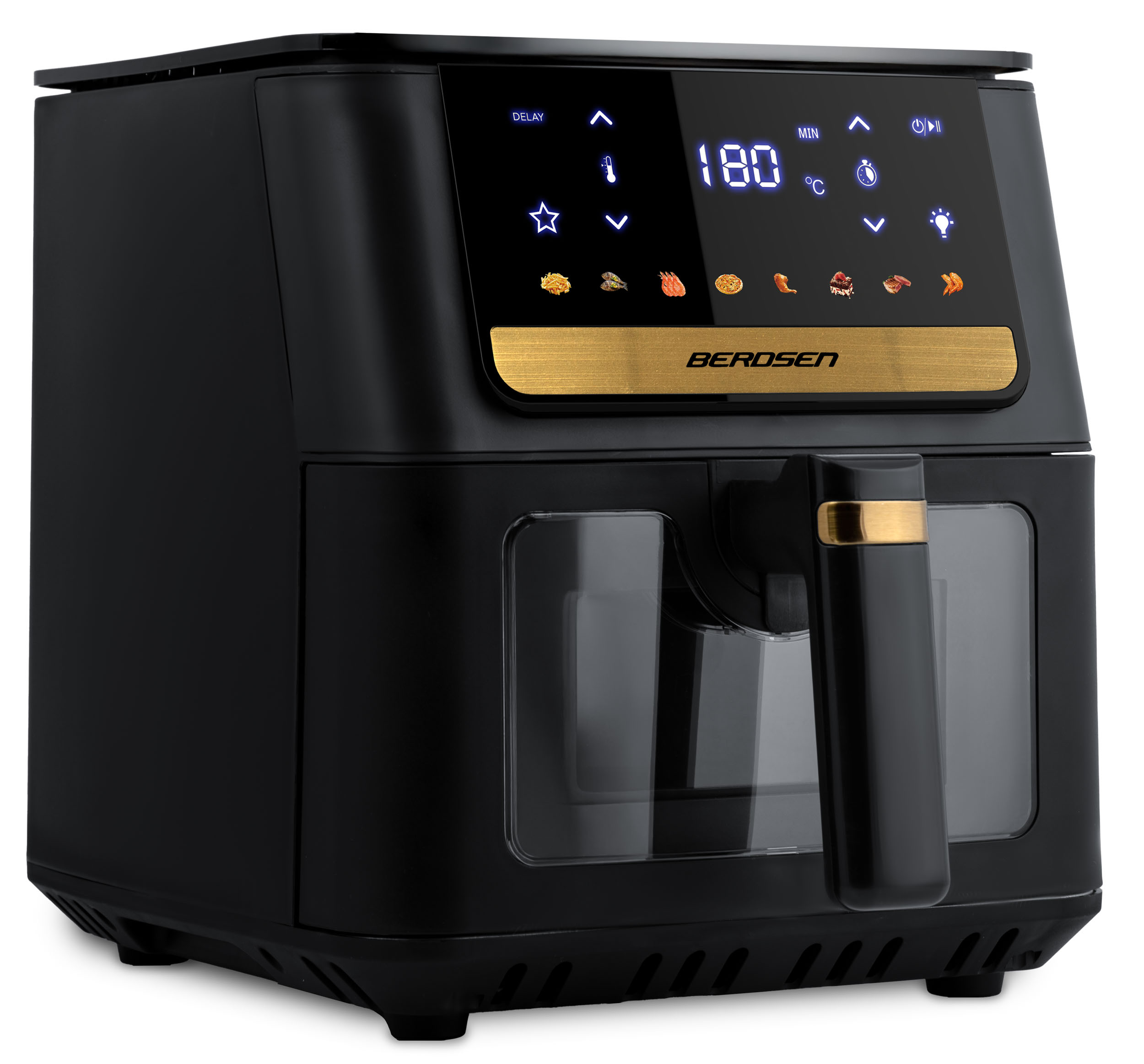 Czarna frytownica powietrzna z cyfrowym wyświetlaczem pokazującym 180 stopni. Posiada uchwyt i przezroczyste okno. Marka Berdsen.