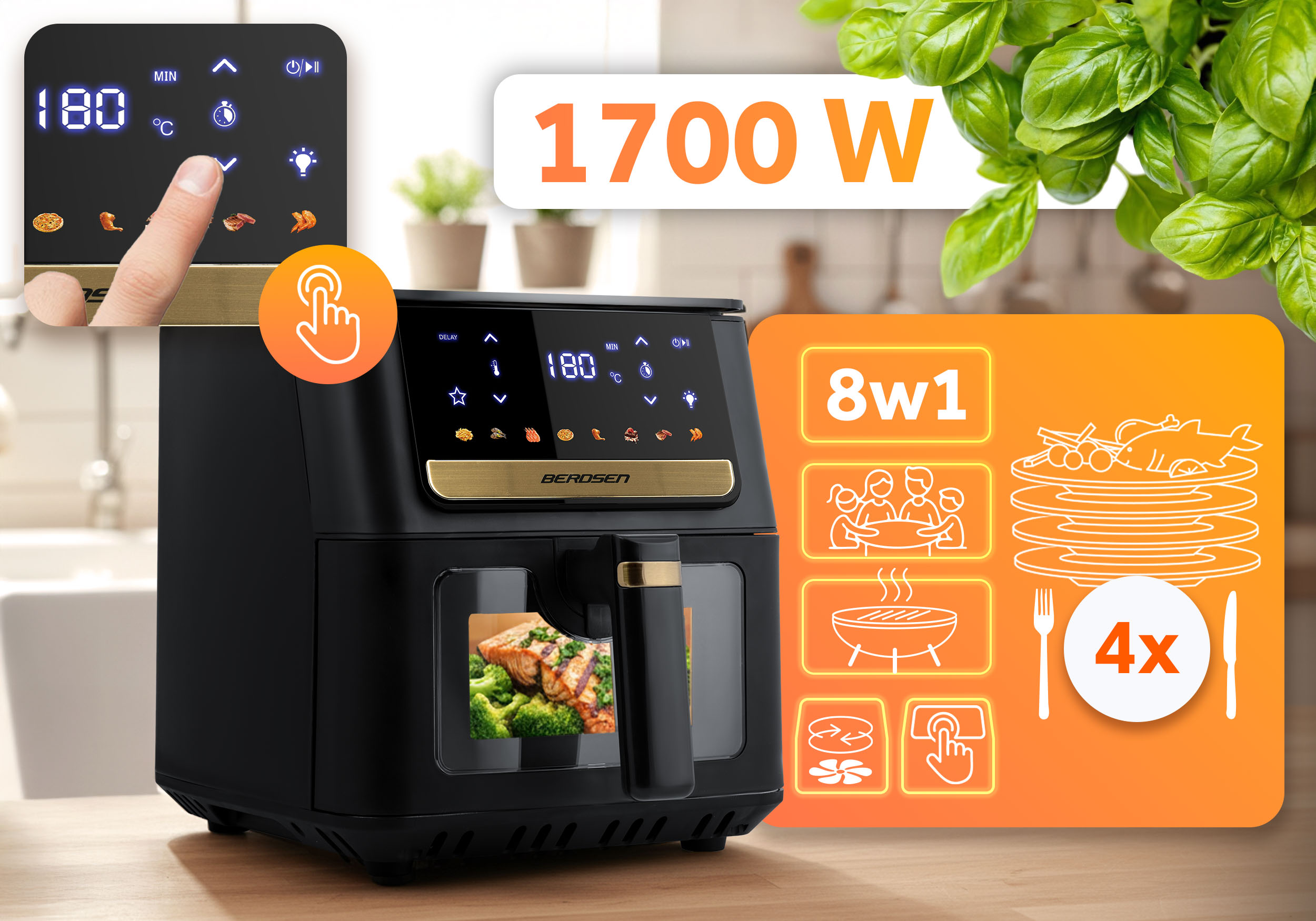 Czarna frytkownica powietrzna z wyświetlaczem cyfrowym. Pokazuje 180 stopni. Zawiera pomarańczowe ikony i 1700W.