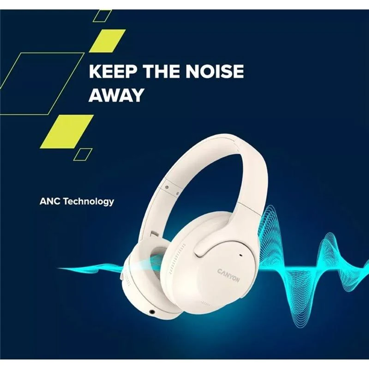 Białe słuchawki Canyon na niebieskim tle. Tekst brzmi "Keep the noise away" i "ANC Technology".