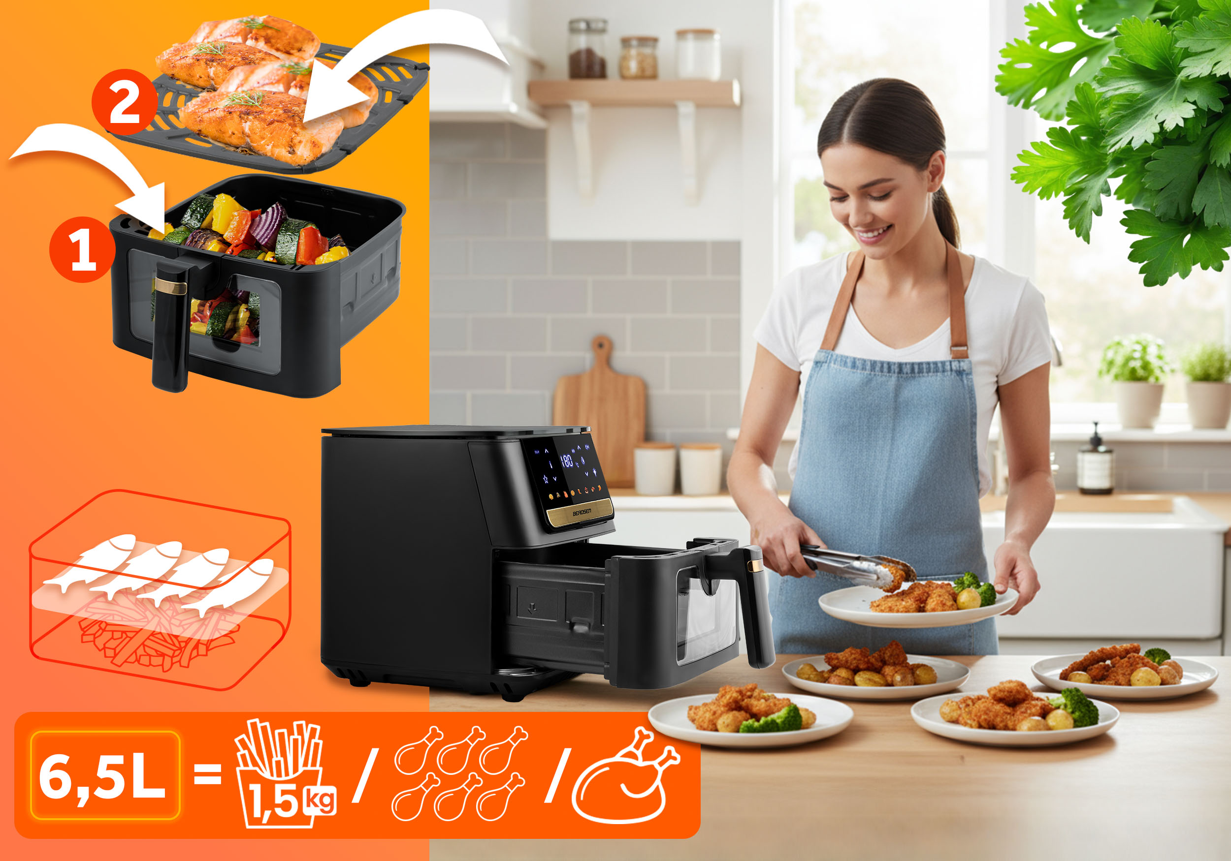 Frytownica powietrzna z jedzeniem, kobieta serwująca jedzenie na talerzach. Zawiera łososia, warzywa i kurczaka.