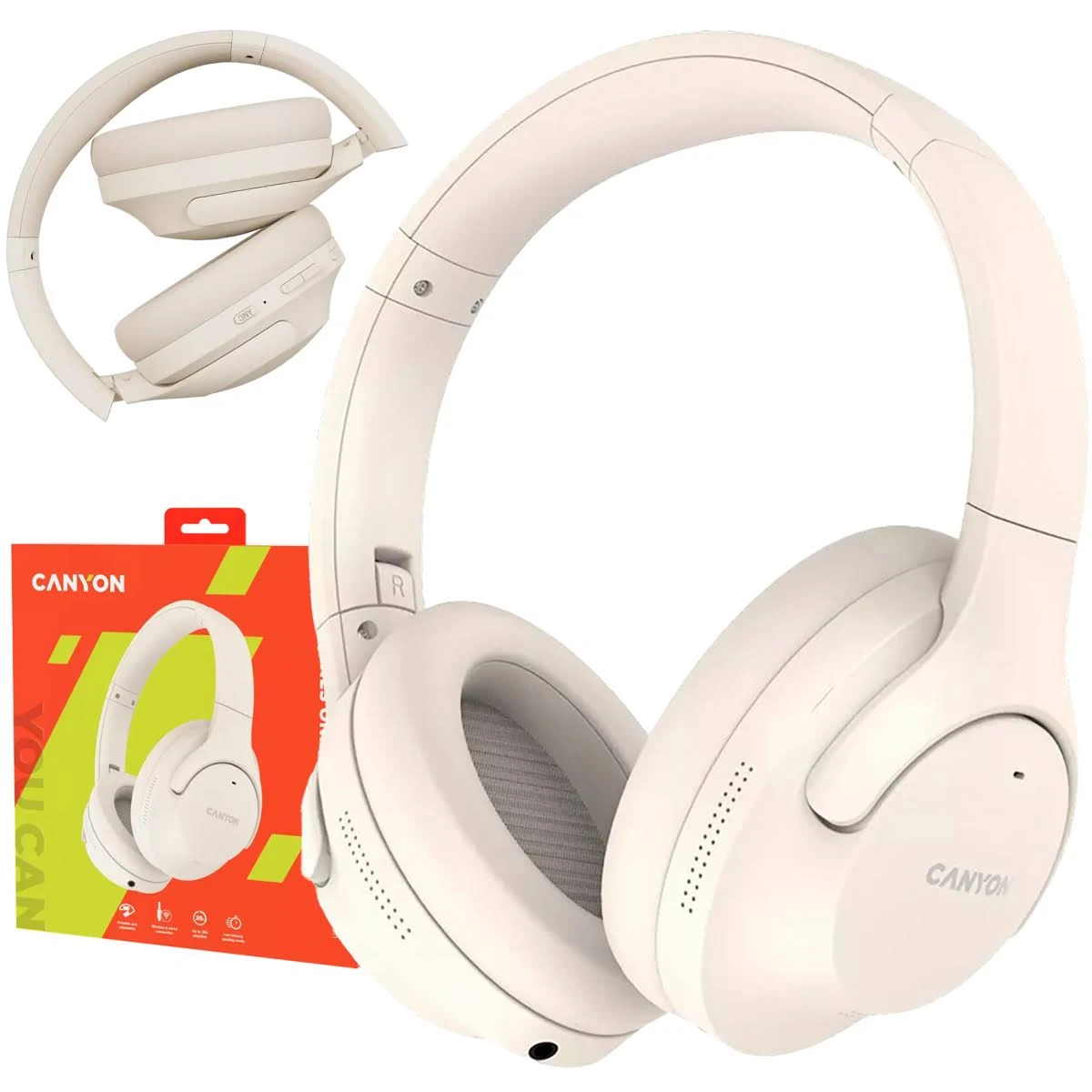 Białe słuchawki Canyon, złożone i rozłożone, z opakowaniem. Słuchawki są na białym tle. Pudełko jest pomarańczowe.