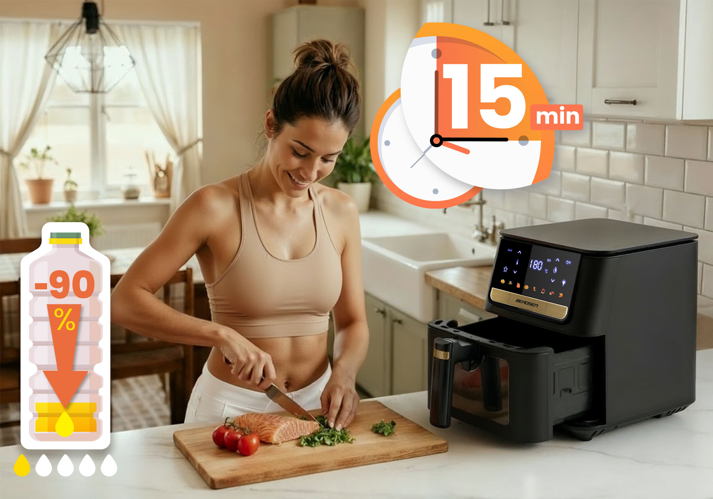 Kobieta w kuchni przygotowująca jedzenie. Jest frytkownica powietrzna i timer wskazujący 15 minut. Butelka pokazuje -90%.