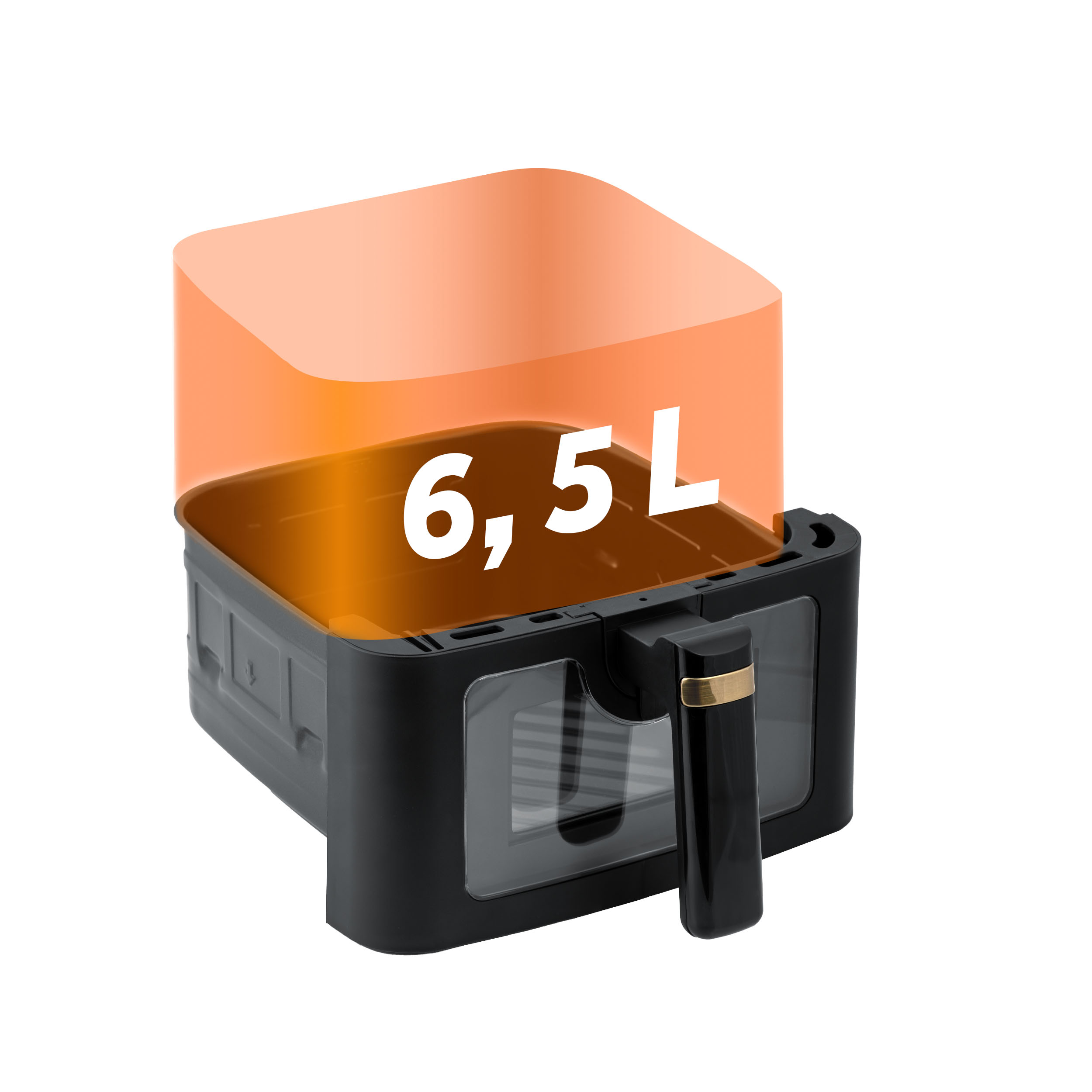 Frytownica powietrzna z czarnym korpusem, przezroczystym oknem i pomarańczową górą. Pojemność wynosi 6,5L.