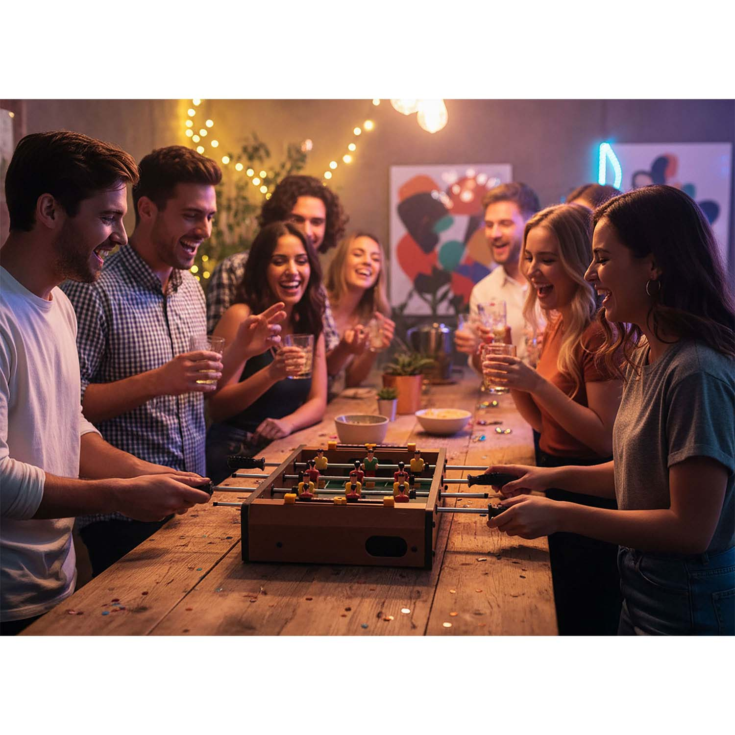 Grupa ludzi zgromadzona wokół stołu do piłkarzyków, śmiejąca się i trzymająca drinki. Girlandy świetlne i dzieła sztuki w tle.