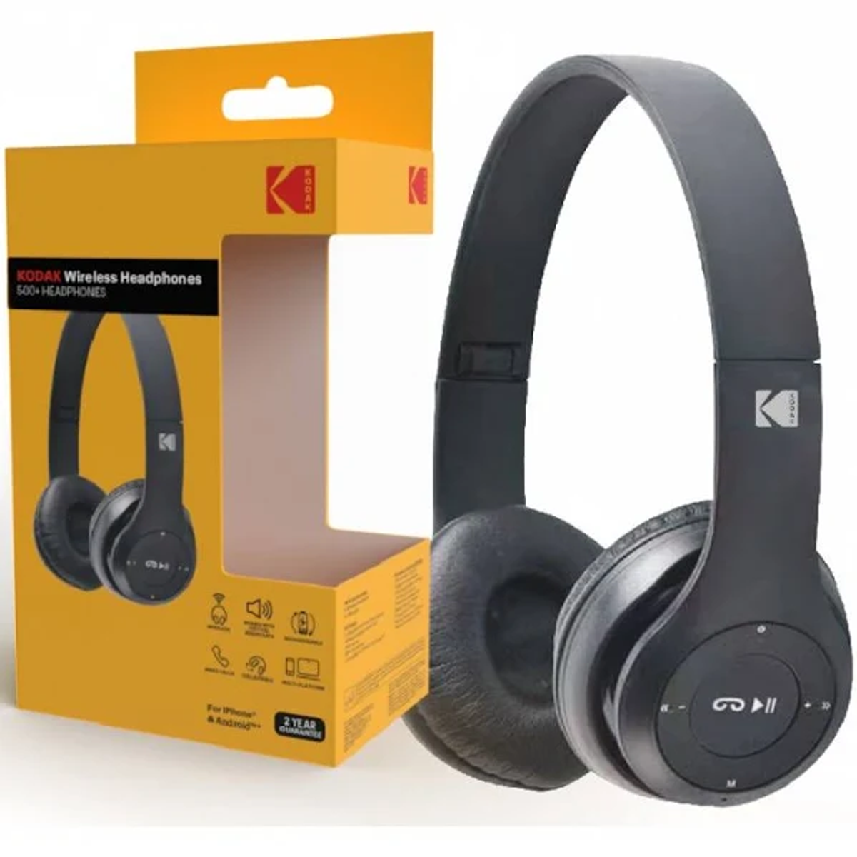 Cuffie wireless Kodak nere e scatola. La scatola è gialla. Le cuffie hanno comandi e logo.