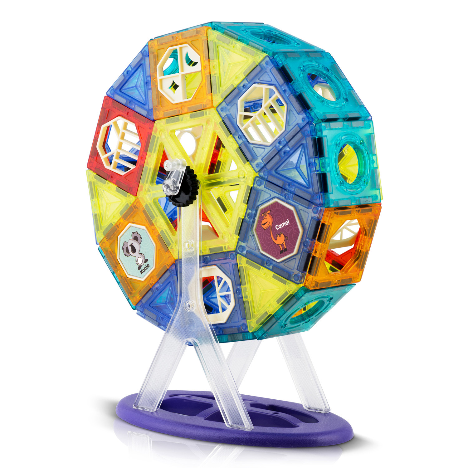 Kolorowa magnetyczna zabawka w kształcie koła z przezroczystymi klockami. Posiada ilustracje zwierząt i stoi na fioletowej podstawie z przezroczystymi wspornikami.