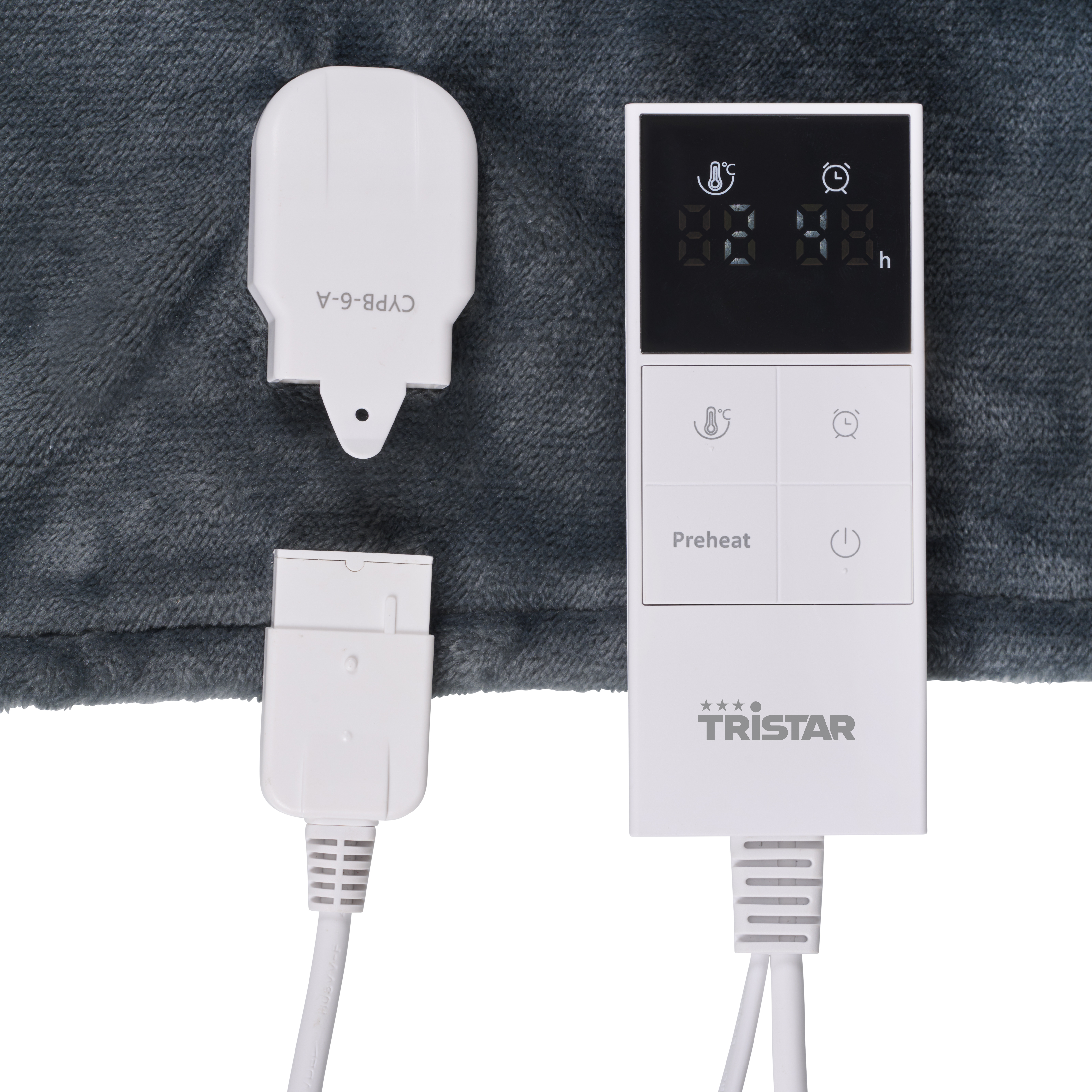 A white heating pad controller with a display, a preheat button, and a power button on a dark grey blanket.