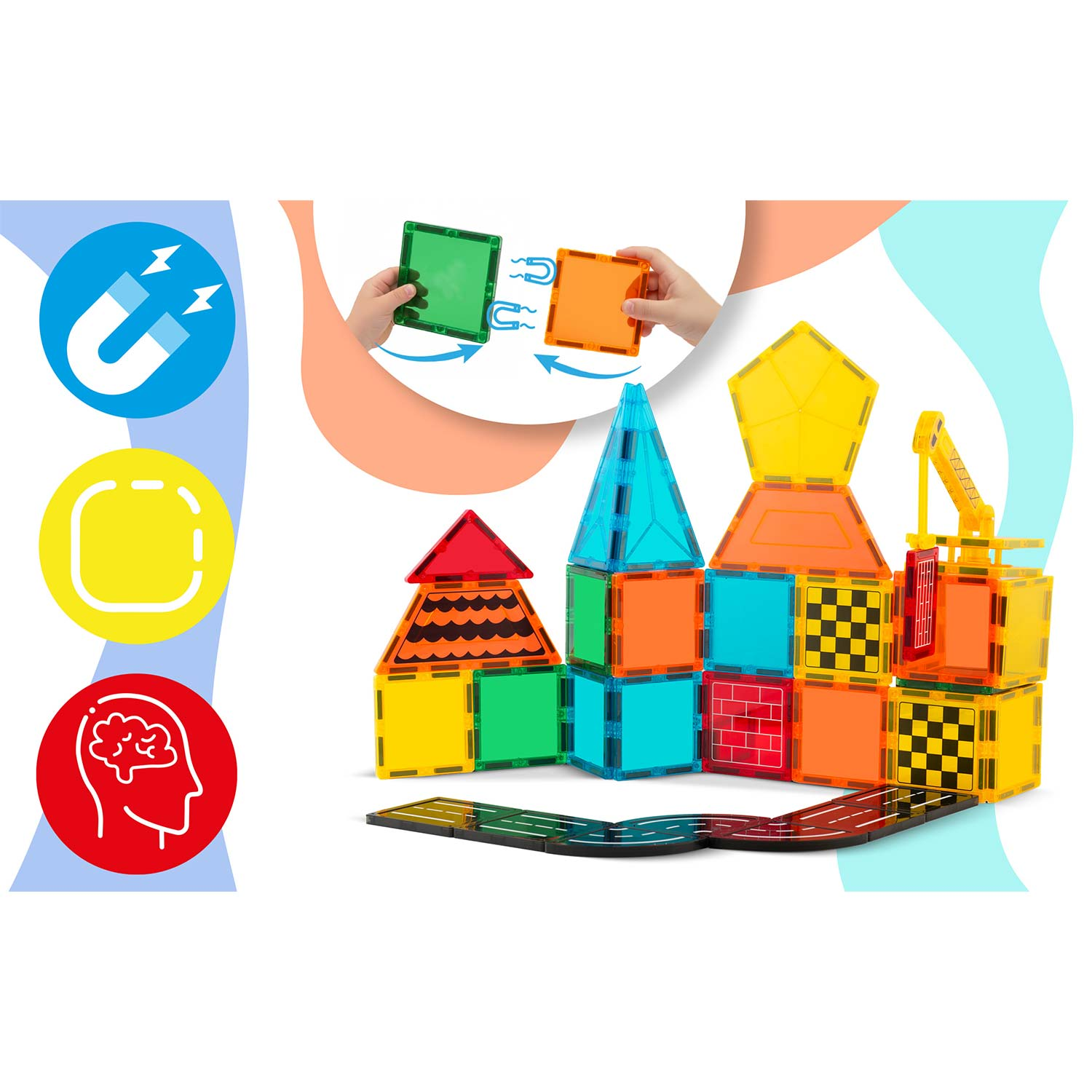 Kolorowe klocki magnetyczne tworzą konstrukcje, dźwig i drogę. Ręce trzymają klocki. Obecne ilustracje magnesów i mózgu.