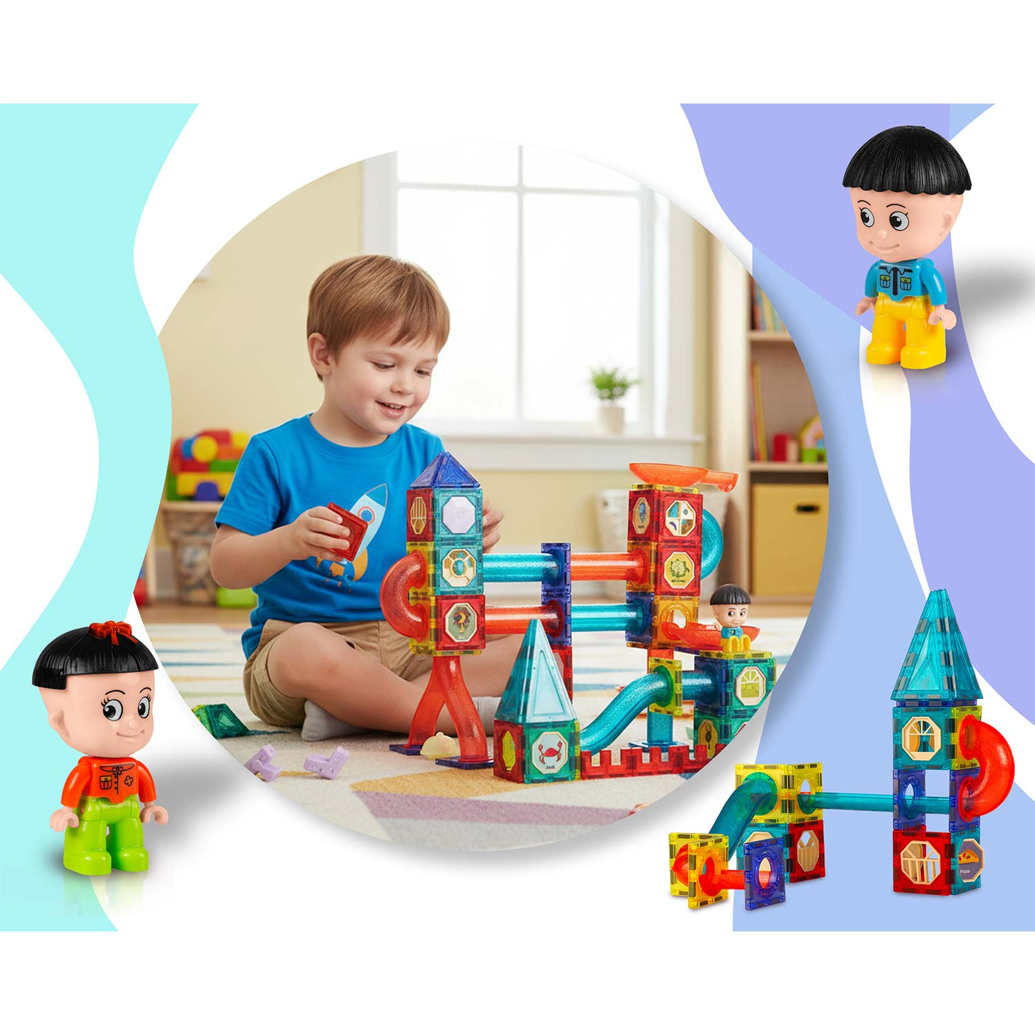 Chłopiec bawi się magnetycznymi klockami. Dwie figurki zabawek po bokach. Kolorowe klocki tworzą wieże i zjeżdżalnie, wnętrze.