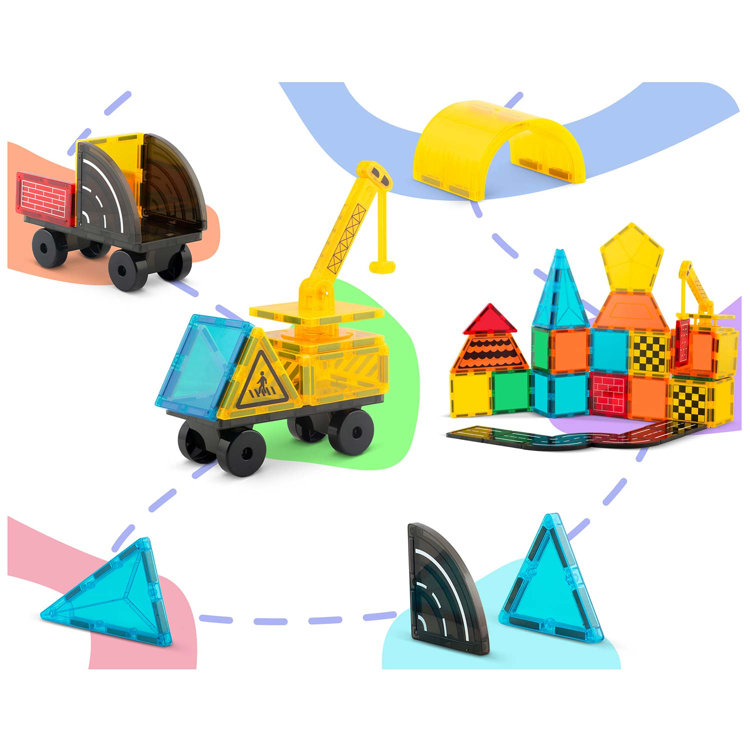 Kolorowy zestaw zabawek konstrukcyjnych z ciężarówkami, dźwigami i klockami na białym tle z efektem koloru niebieskiego i różowego.
