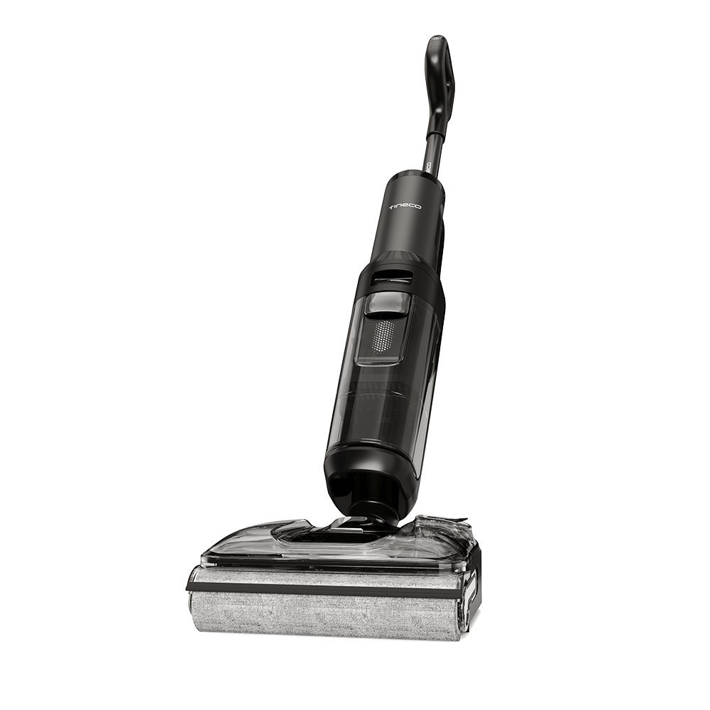 Czarny i przezroczysty odkurzacz bezprzewodowy. Ma uchwyt, korpus i głowicę czyszczącą z szarą nakładką. Tło jest białe.