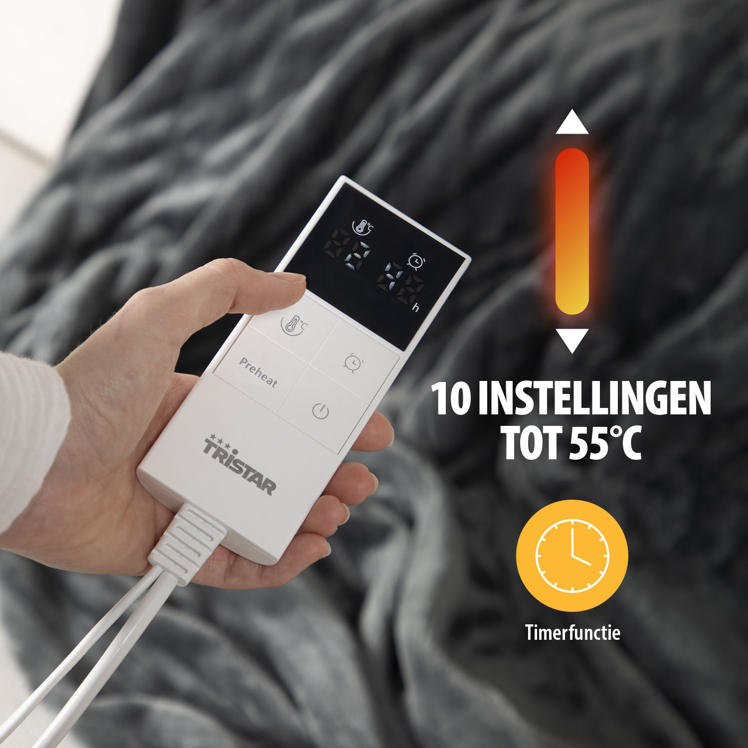 A hand holds a white control panel displaying temperature. Text indicates 10 settings up to 55°C and a timer function.
