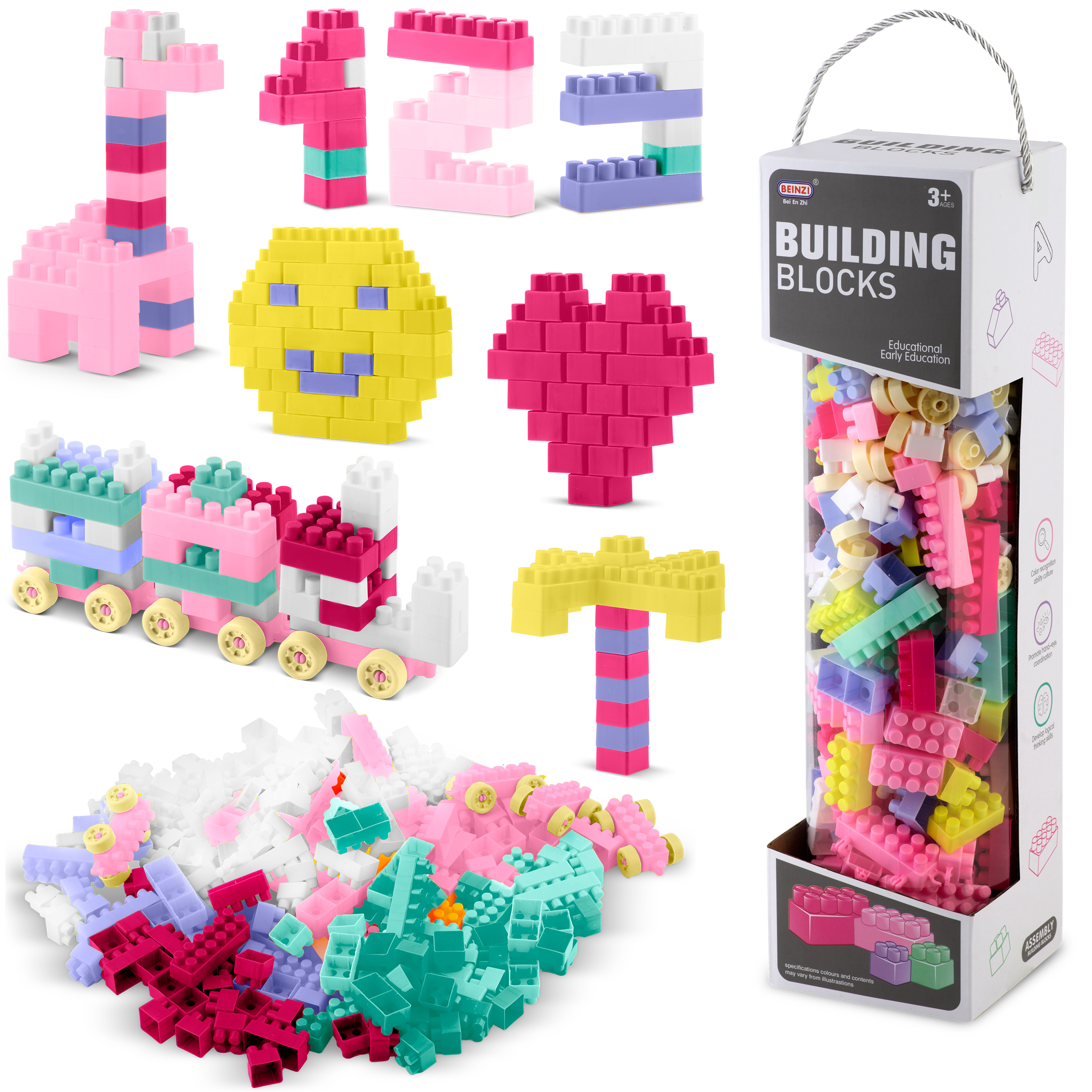 Obraz przedstawia kolorowe klocki ułożone w kształty: żyrafę, cyfry, emotikon, serce, pociąg, palmę i pojemnik.