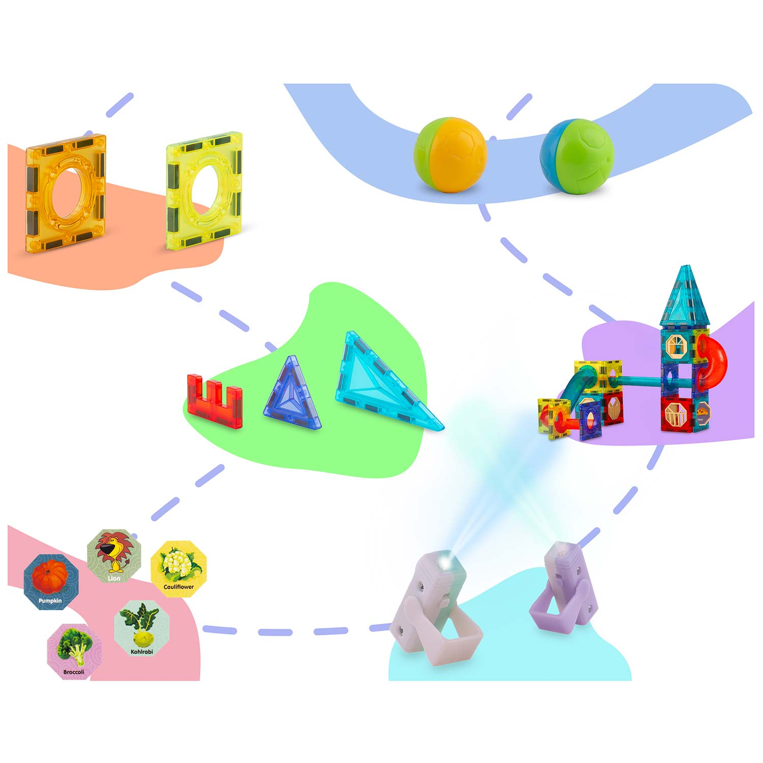 Kolorowe magnetyczne zabawki i piłki na białej powierzchni. Zilustrowano warzywa i lwa. Dwie lampy na pierwszym planie.