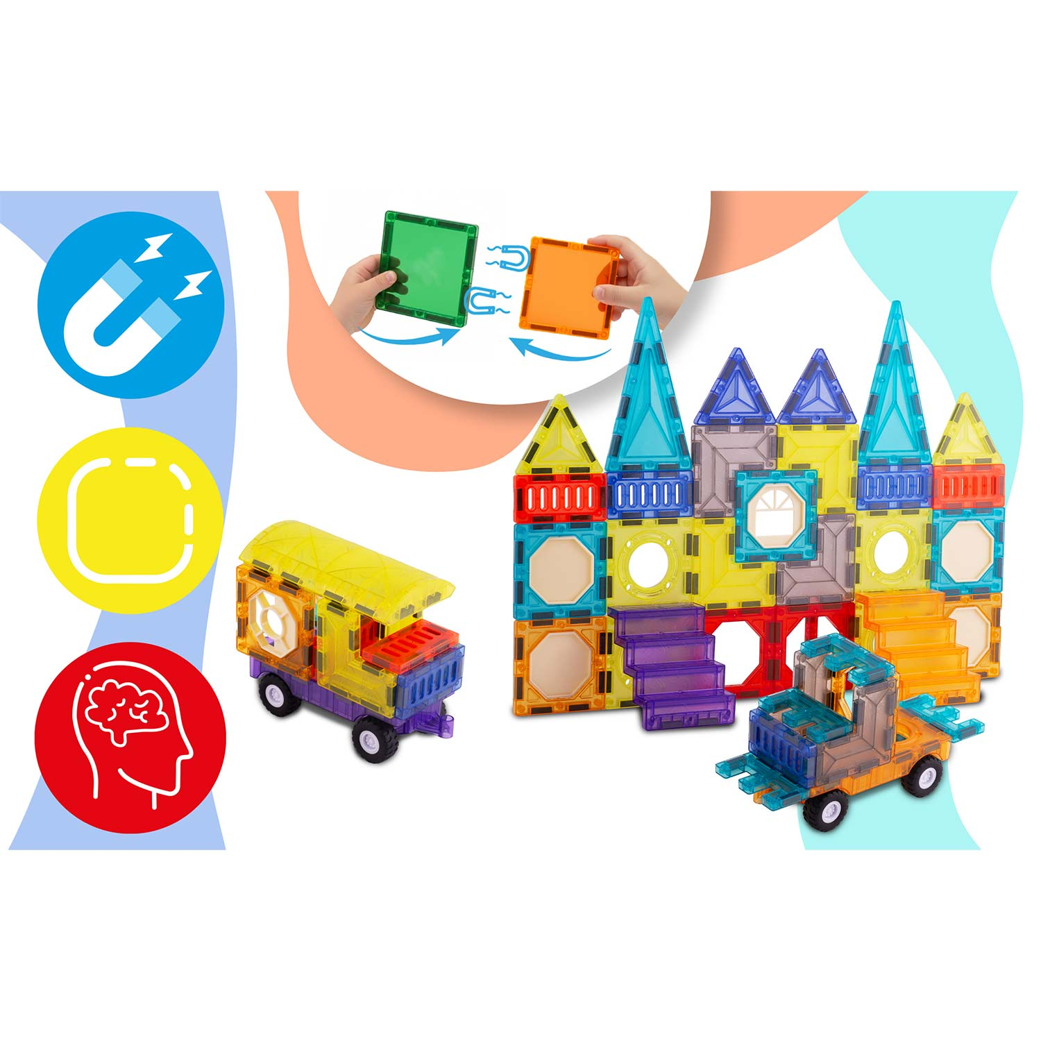 Kolorowe klocki magnetyczne tworzą zamek i pojazdy. Ręce trzymają klocki nad nimi. Ikony pokazują magnesy, mózg i zaokrąglony prostokąt.