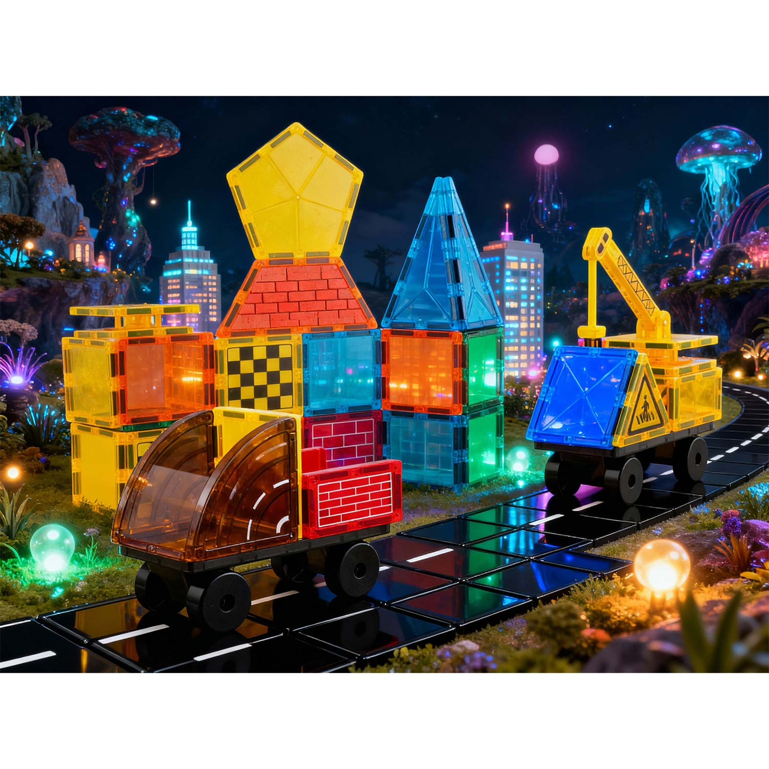 Zabawkowa konstrukcja z budynkami i ciężarówkami na drodze. Tło to fantastyczny krajobraz z świecącymi światłami i strukturami.
