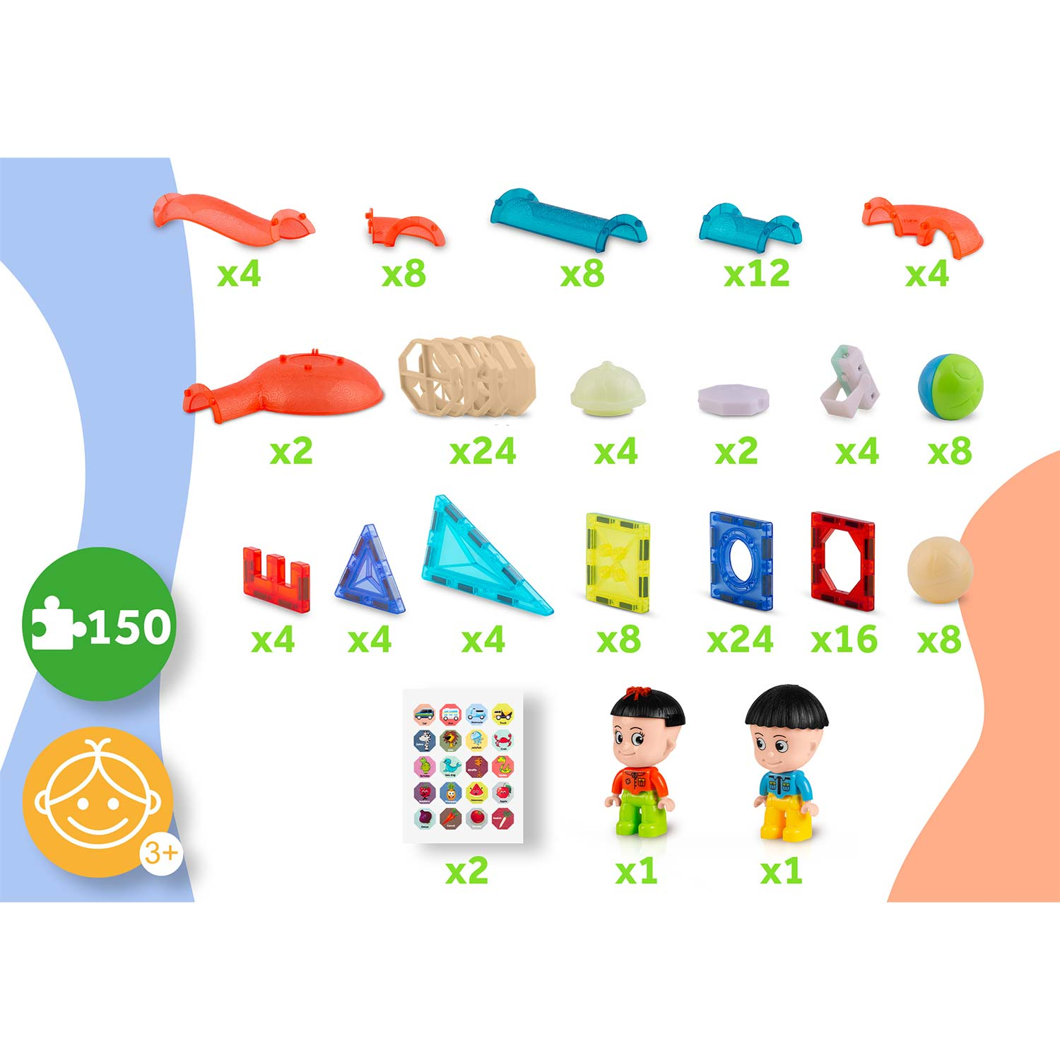 Zestaw zabawek z różnymi kolorowymi klockami, figurkami i akcesoriami. Zawiera klocki, figurki i naklejki.