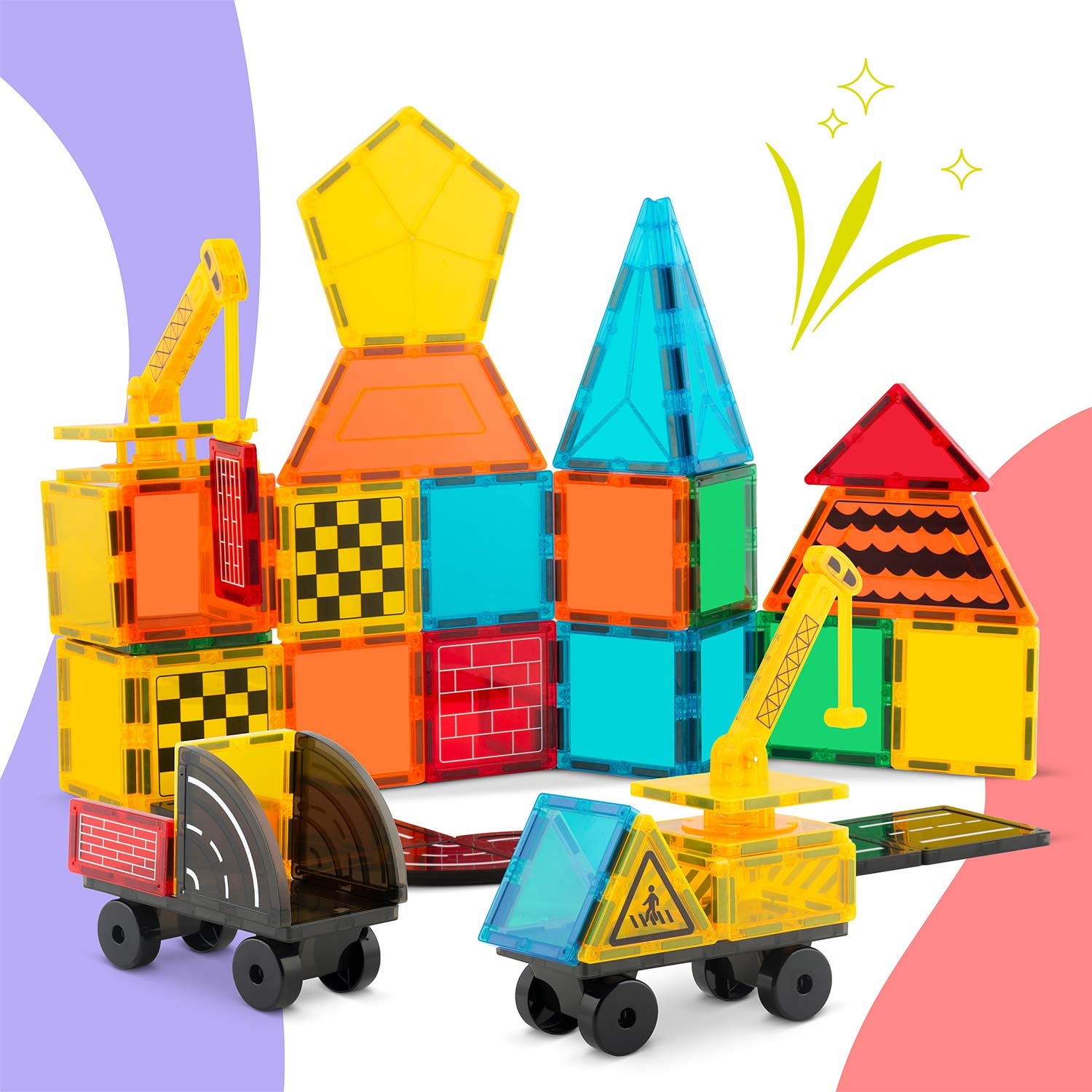 Kolorowe magnetyczne zabawki konstrukcyjne. Budynki, pojazdy i dźwig są montowane z geometrycznych kształtów, o różnych kolorach i wzorach.