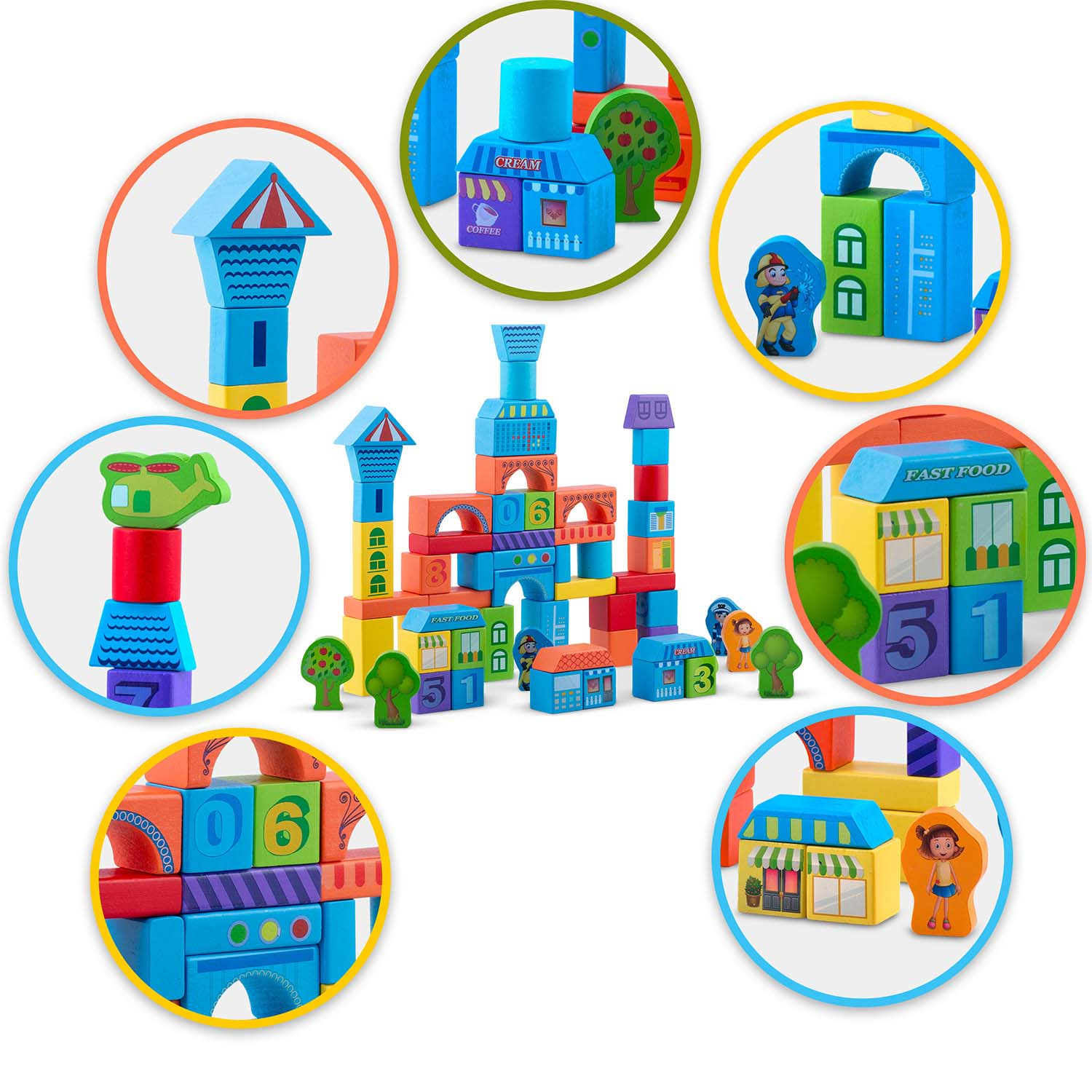 Kolorowy zestaw drewnianych klocków jest ułożony tak, aby przypominał miasto, z budynkami, drzewami i figurkami, wszystko w zabawnej aranżacji.