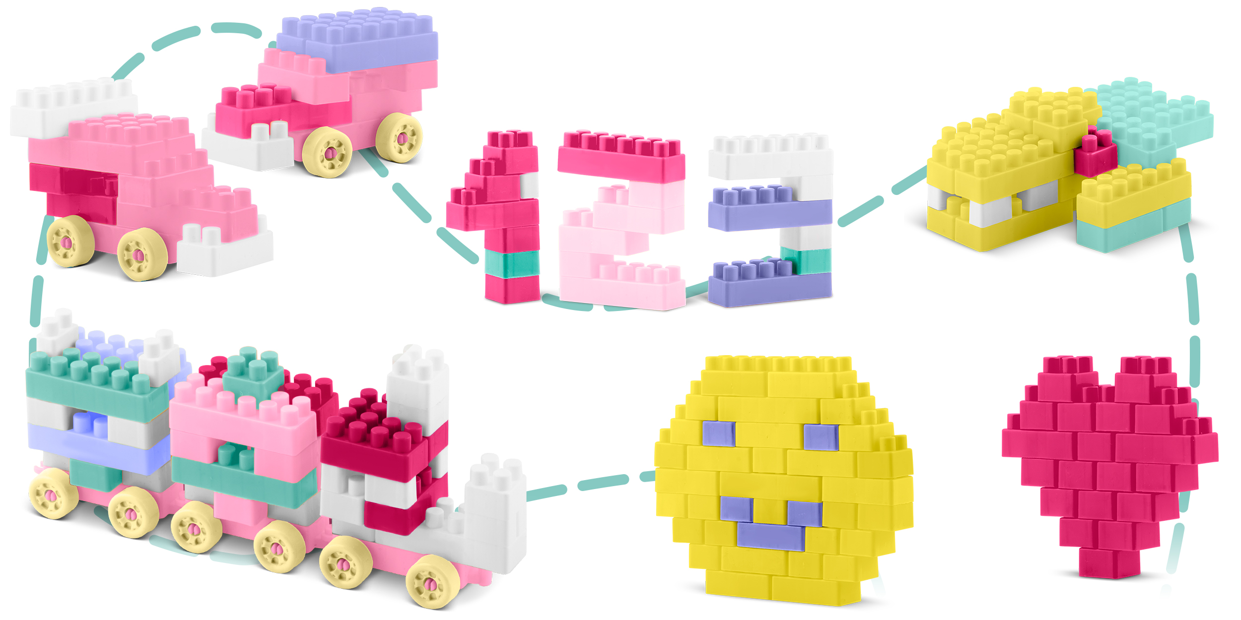 Obraz przedstawia klocki ułożone jako pociągi, cyfry, dom, uśmiechniętą buzię i serce, połączone liniami przerywanymi.