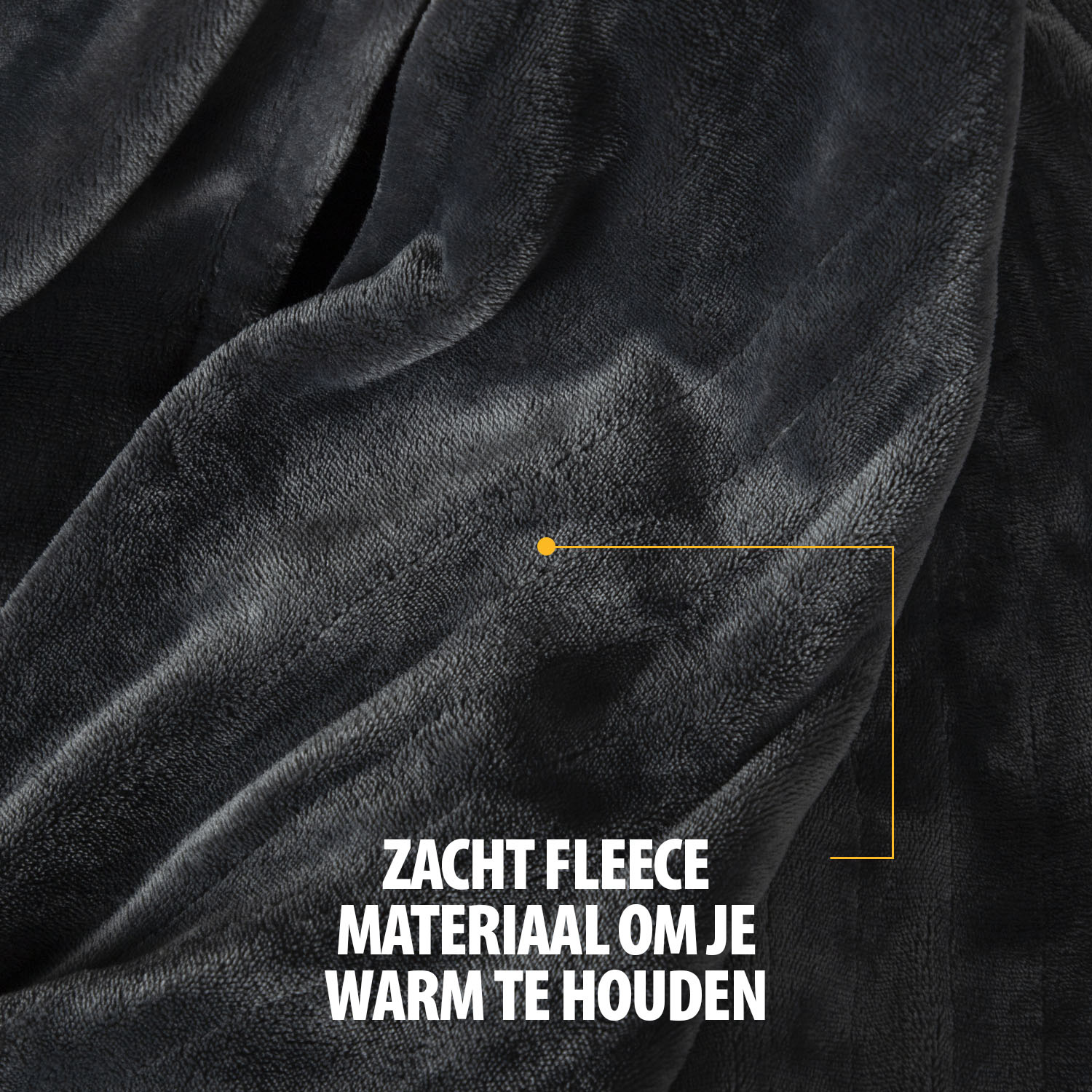 Close-up of a dark gray fleece blanket. Text says, 'Soft fleece material to keep you warm'.